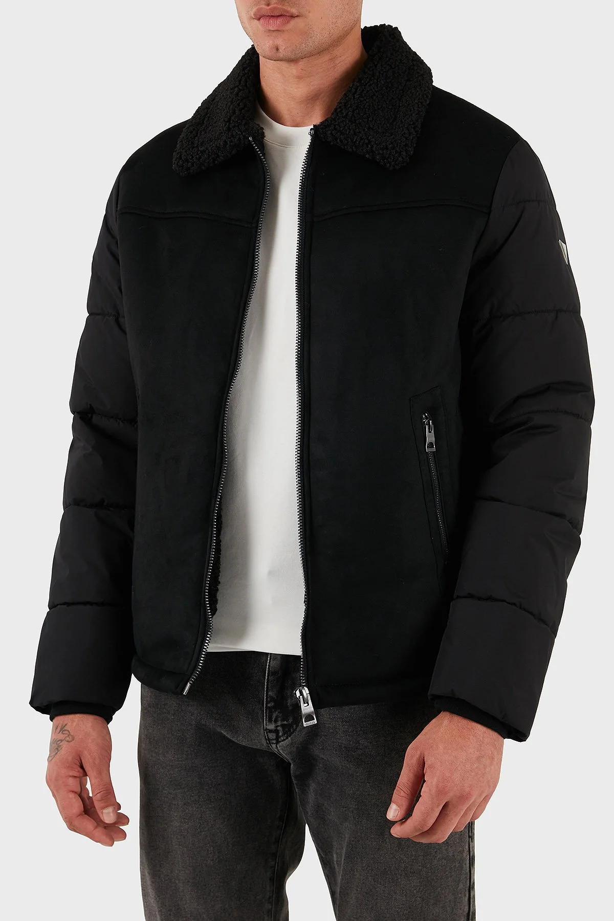 Guess Shearling Logolu Regular Fit Ceket Yaka Fermuarlı M5BL79W2292 Erkek Mont M5BL79 W2292 JBLK SİYAH - 5