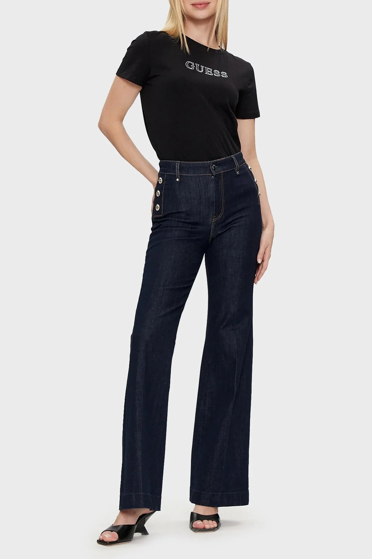 Guess Skylar Streç Pamuklu Slim Fit V4GI09J1314 Bayan T Shirt V4GI09 J1314 JBLK SİYAH - 3