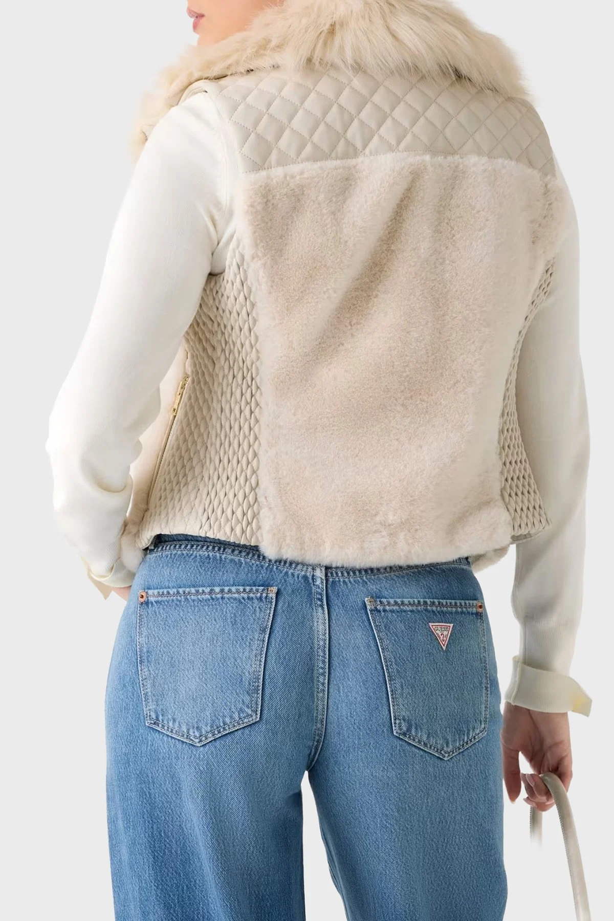 Guess Sl Amari Regular Fit Yumuşak Tüylü Yaka Fermuarlı W5BL0IKCP70 Bayan Yelek W5BL0I KCP70 F14G KREM - 3
