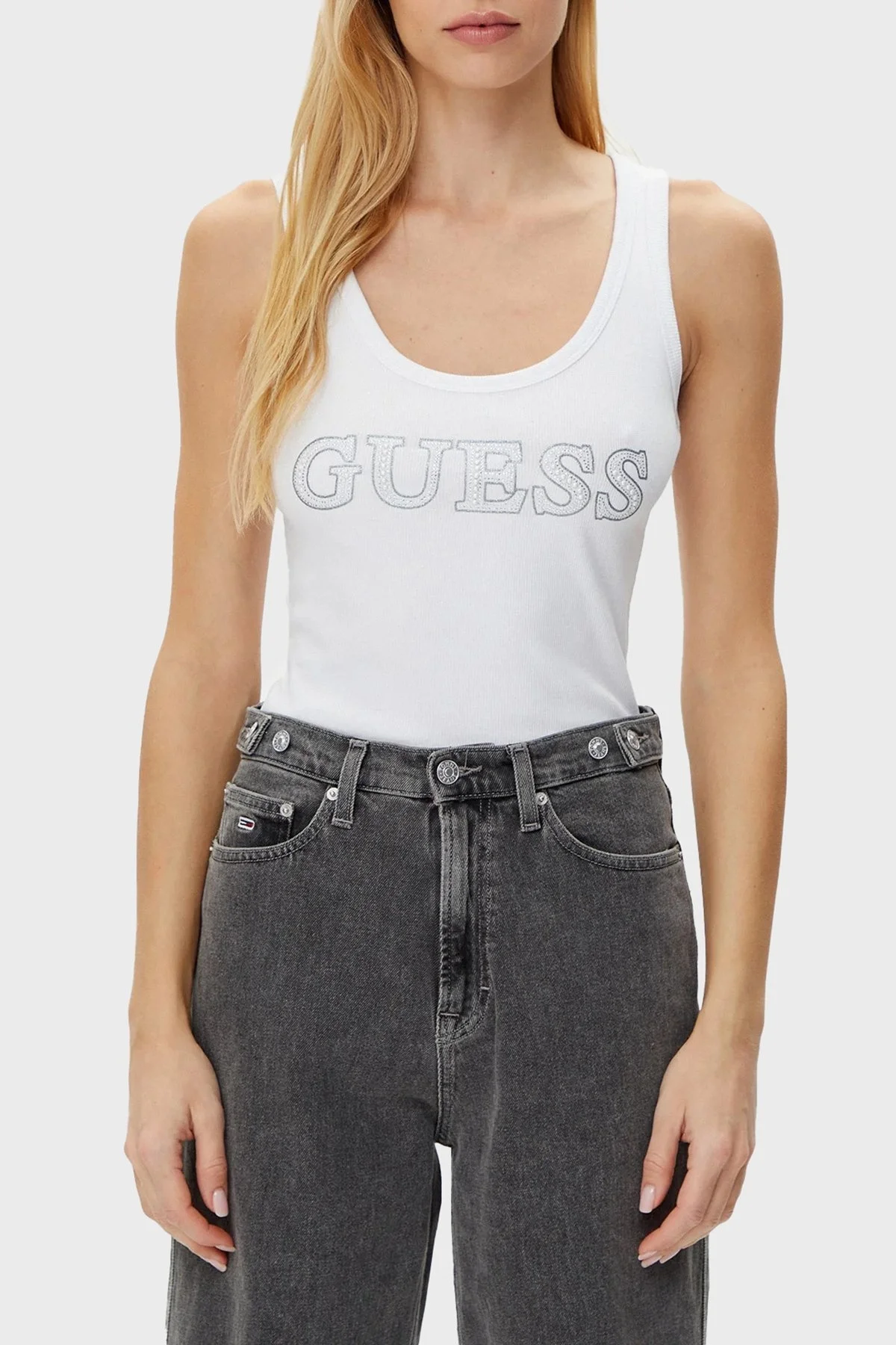 Guess Sl Embellished Pamuklu Logolu Regular Fit Yuvarlak Yaka W5GP29KA0H1 Bayan Top W5GP29 KA0H1 G011 BEYAZ - 7