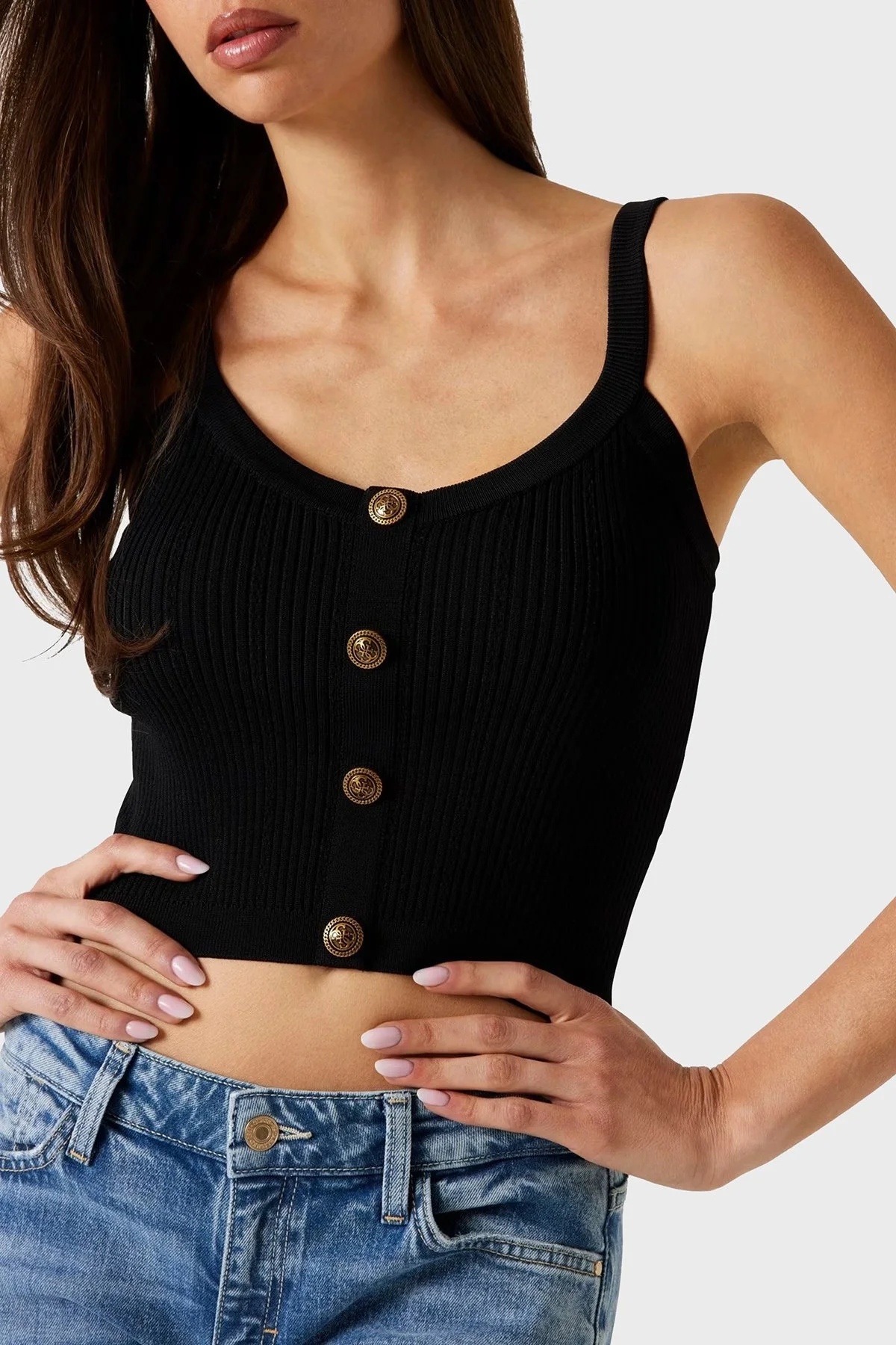 Guess Sl Emiie Fitilli Düğme Detaylı Regular Fit Yuvarlak Yaka W5YR10Z0130 Bayan Top W5YR10 Z0130 JBLK SİYAH - 4