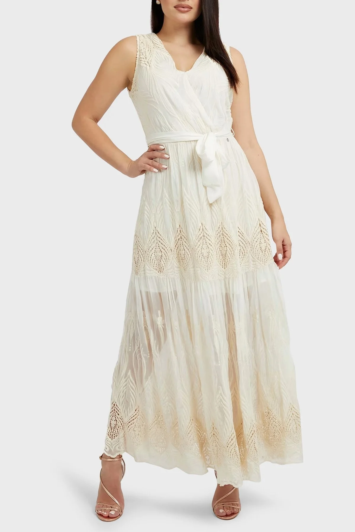 Guess Sl İşlemeli İpek Karışımlı Dökümlü Maxi Transparan Pam Bayan Elbise W3GK42WFDB0 G012 BEJ - 1