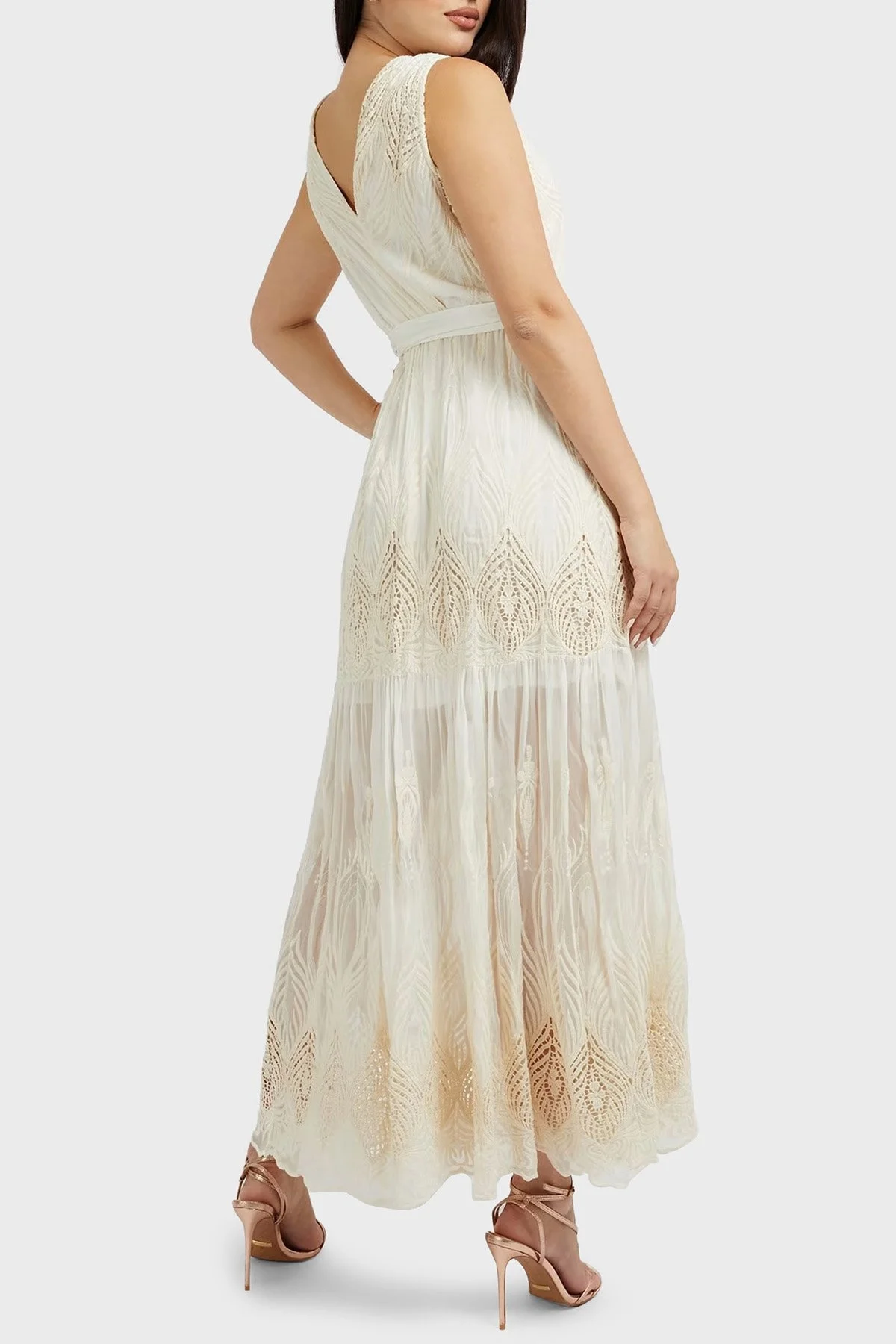 Guess Sl İşlemeli İpek Karışımlı Dökümlü Maxi Transparan Pam Bayan Elbise W3GK42WFDB0 G012 BEJ - 2