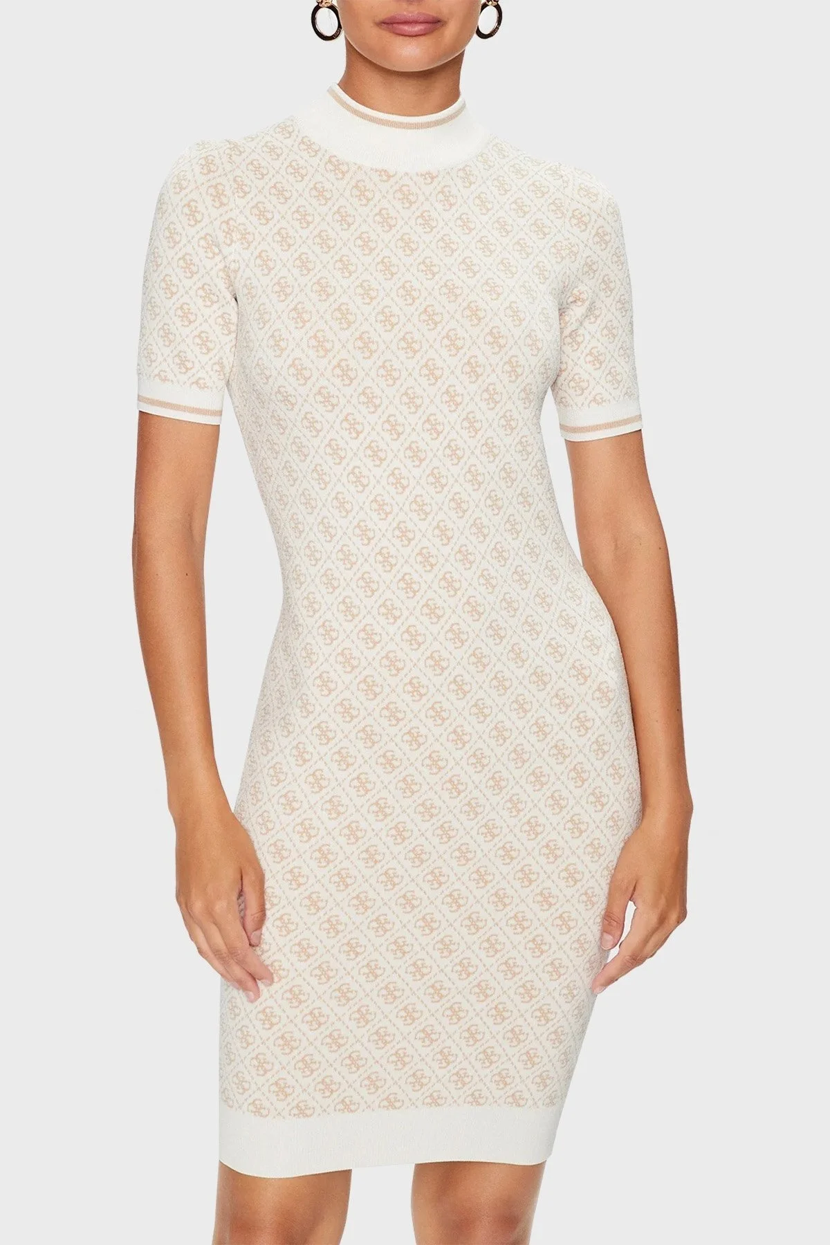 Guess Slim Fit Bisiklet Yaka Logo Desenli Kısa Kollu Mini Bayan Elbise W3YK39Z37K0 F1GL EKRU - 1