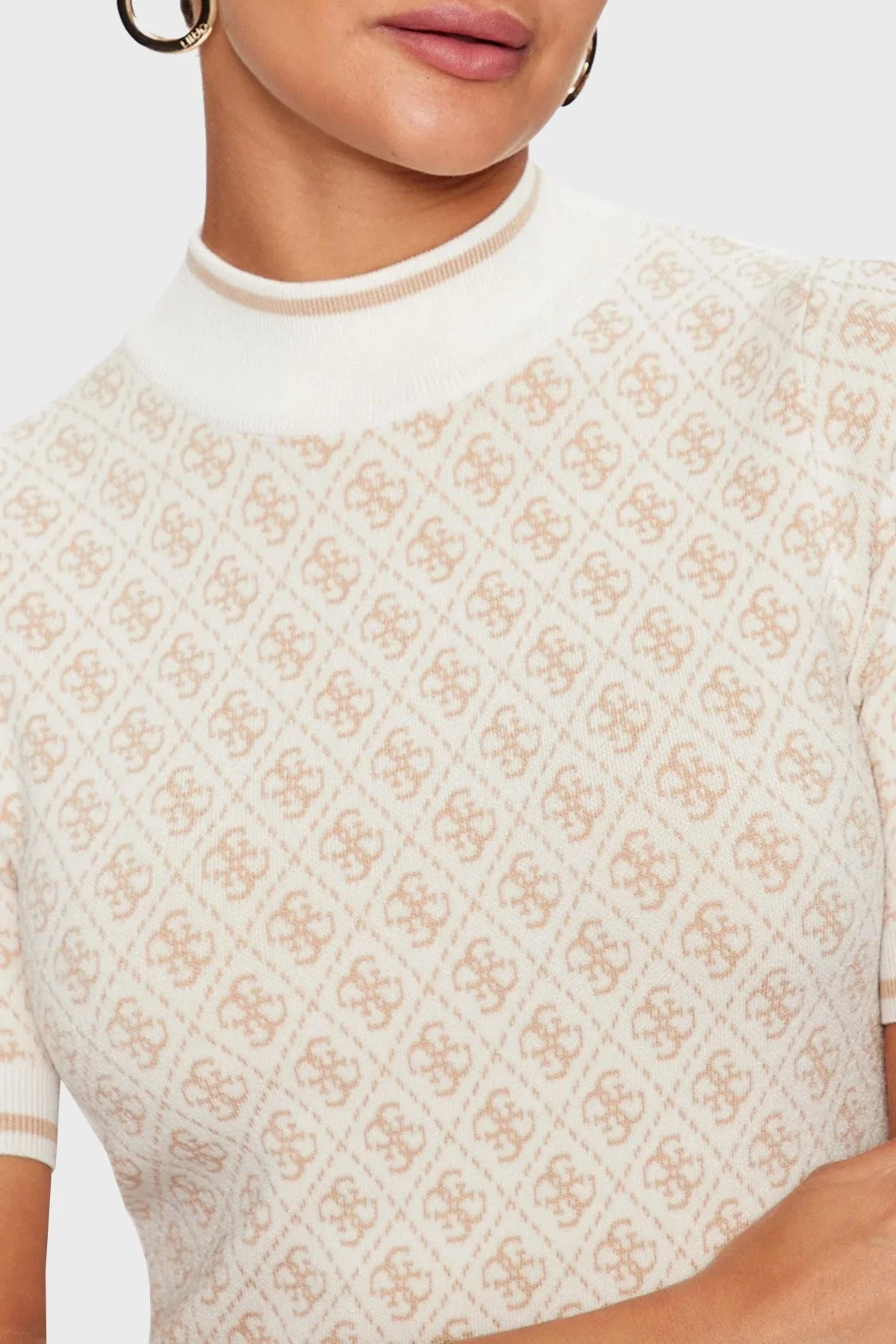 Guess Slim Fit Bisiklet Yaka Logo Desenli Kısa Kollu Mini Bayan Elbise W3YK39Z37K0 F1GL EKRU - 5