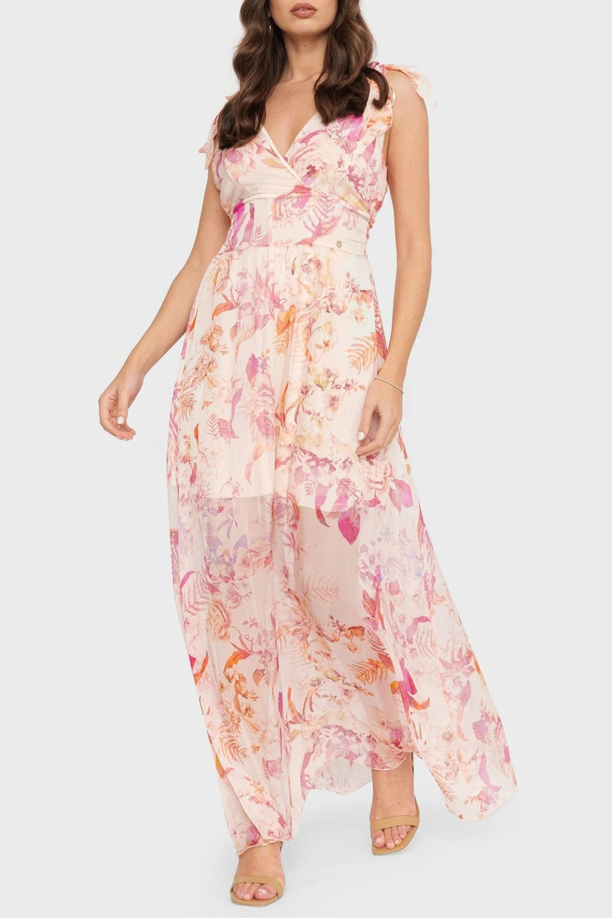 Guess Smocked İpek Karışımlı Kruvaze Yaka Uzun Şifon Bayan Elbise W3GK50WE550 P643 PEMBE - 1