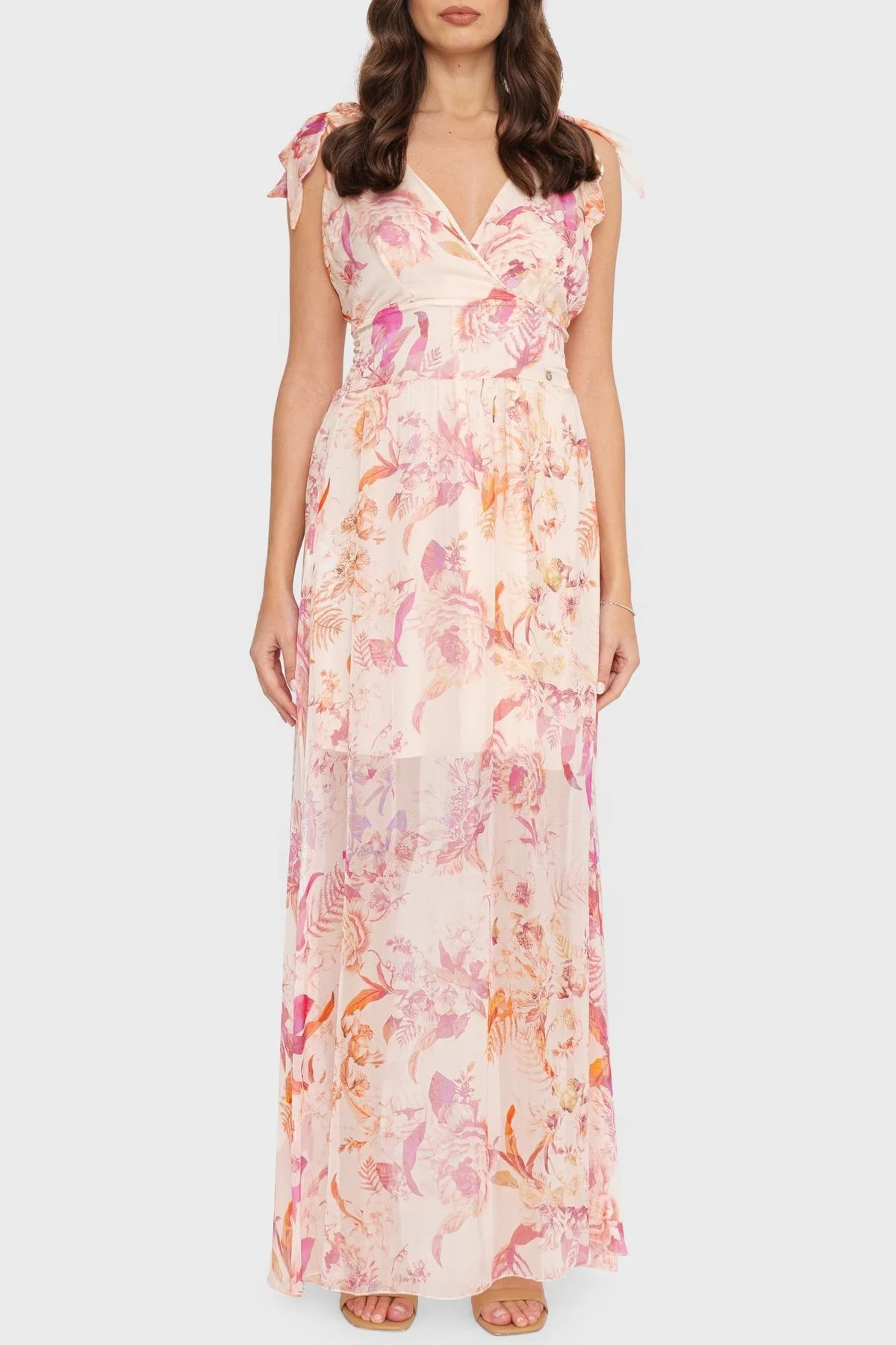 Guess Smocked İpek Karışımlı Kruvaze Yaka Uzun Şifon Bayan Elbise W3GK50WE550 P643 PEMBE - 4