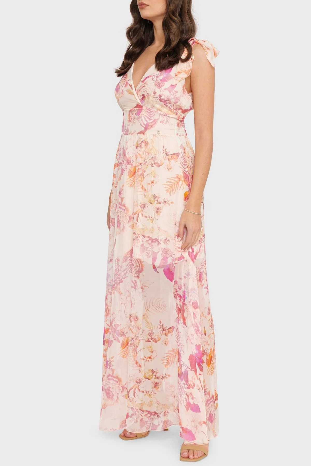 Guess Smocked İpek Karışımlı Kruvaze Yaka Uzun Şifon Bayan Elbise W3GK50WE550 P643 PEMBE - 5