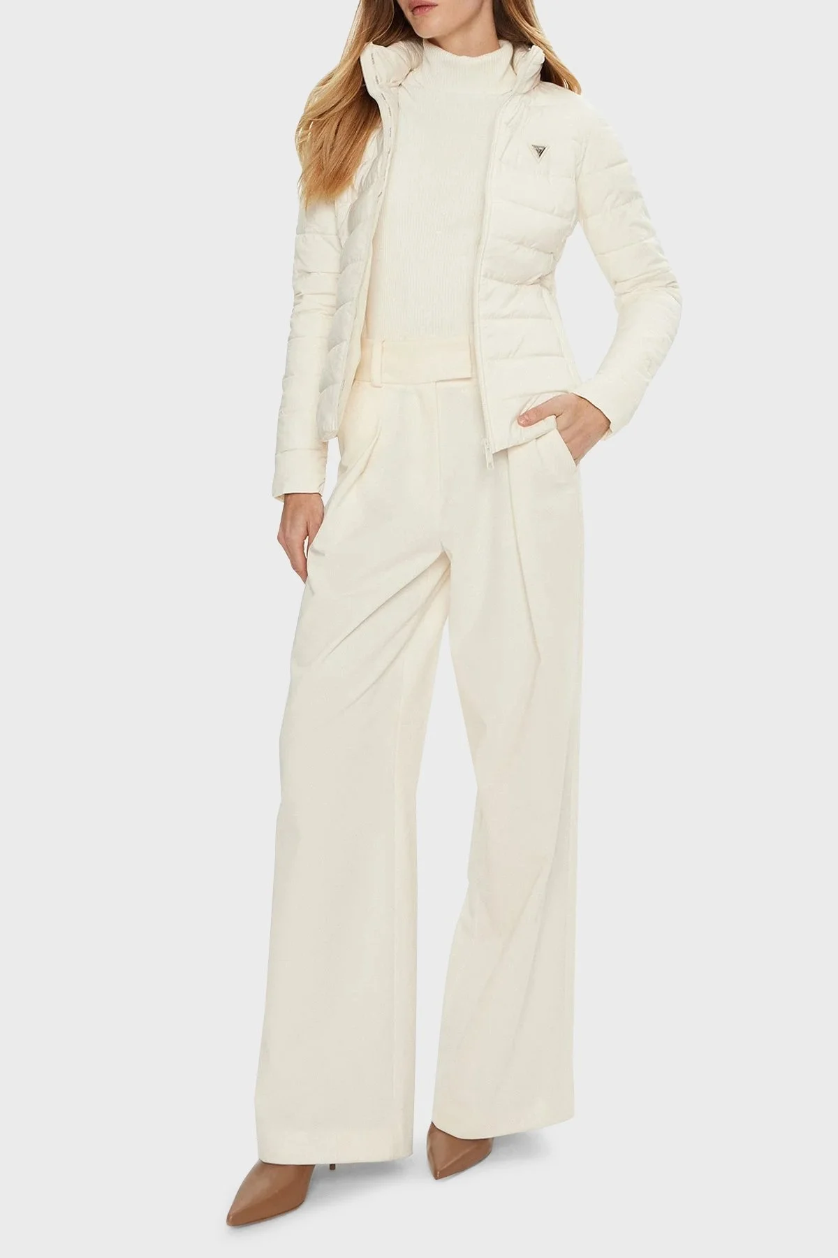 Guess Solid Regular Fit Çıkarılabilir Kapüşonlu V4YL04WF3X0 Bayan Mont V4YL04 WF3X0 G1O6 EKRU - 7