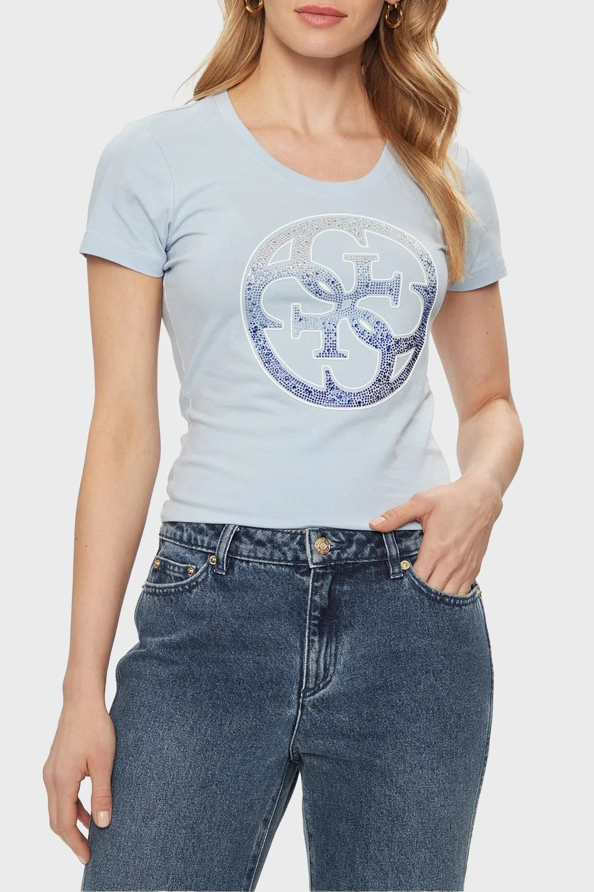 Guess Ss Cn 4g Logo Pamuklu Slim Fit W4GI29J1314 Bayan T Shirt W4GI29 J1314 G7N1 AÇIK MAVİ - 1