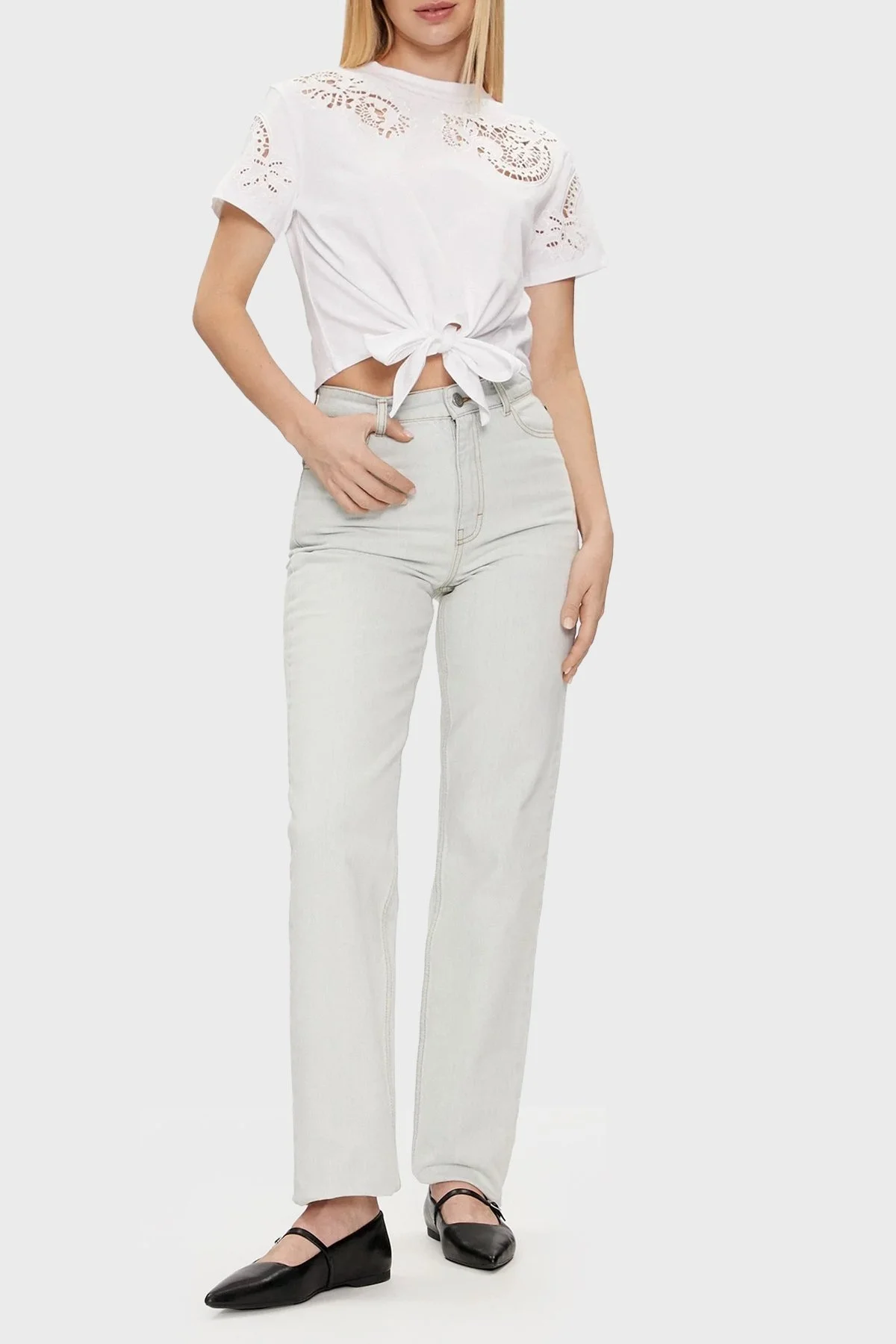 Guess Ss Cn Ajour Relaxed Fit Bağlamalı Crop W4GI15I3Z14 Bayan T Shirt W4GI15 I3Z14 G011 BEYAZ - 3