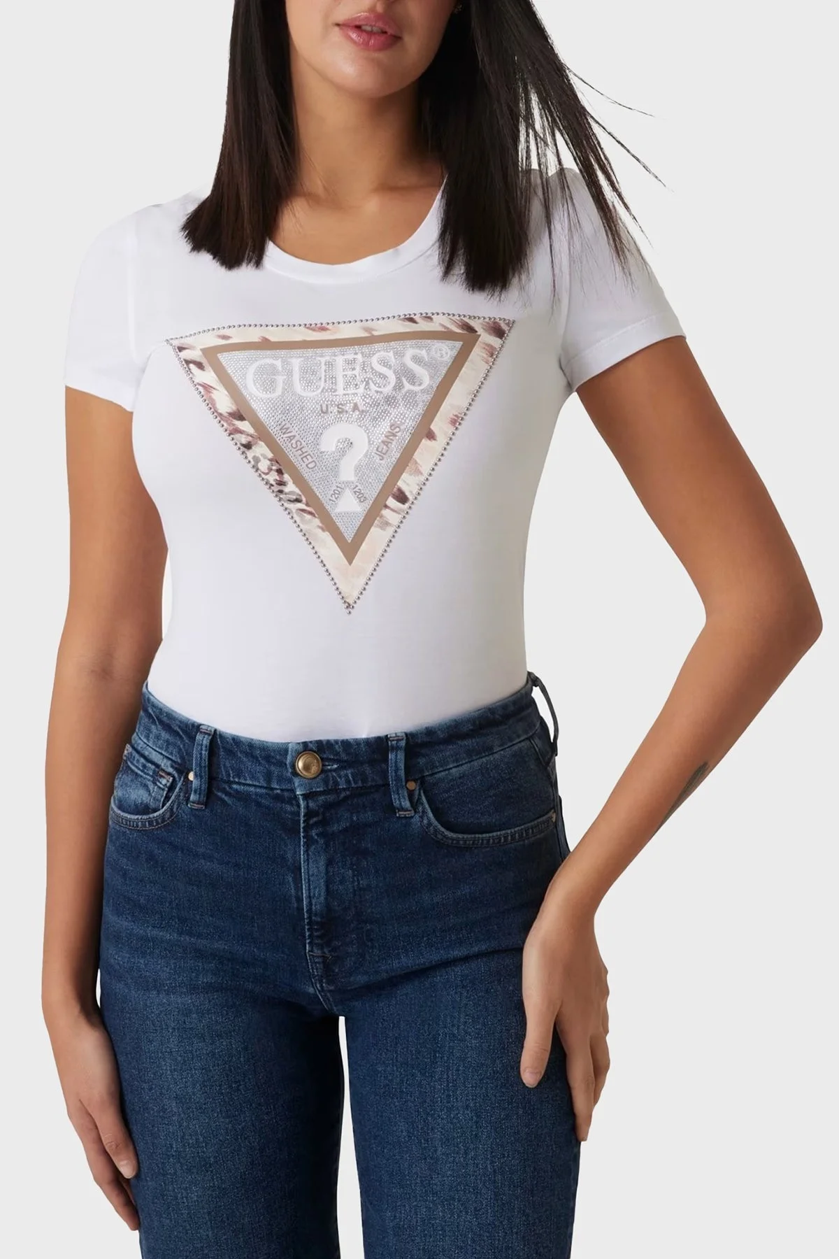 Guess Ss Cn Cheeta Pamuklu Slim Fit Bisiklet Yaka Logolu W5RI22J1314 Bayan T Shirt W5RI22 J1314 G011 BEYAZ - 6