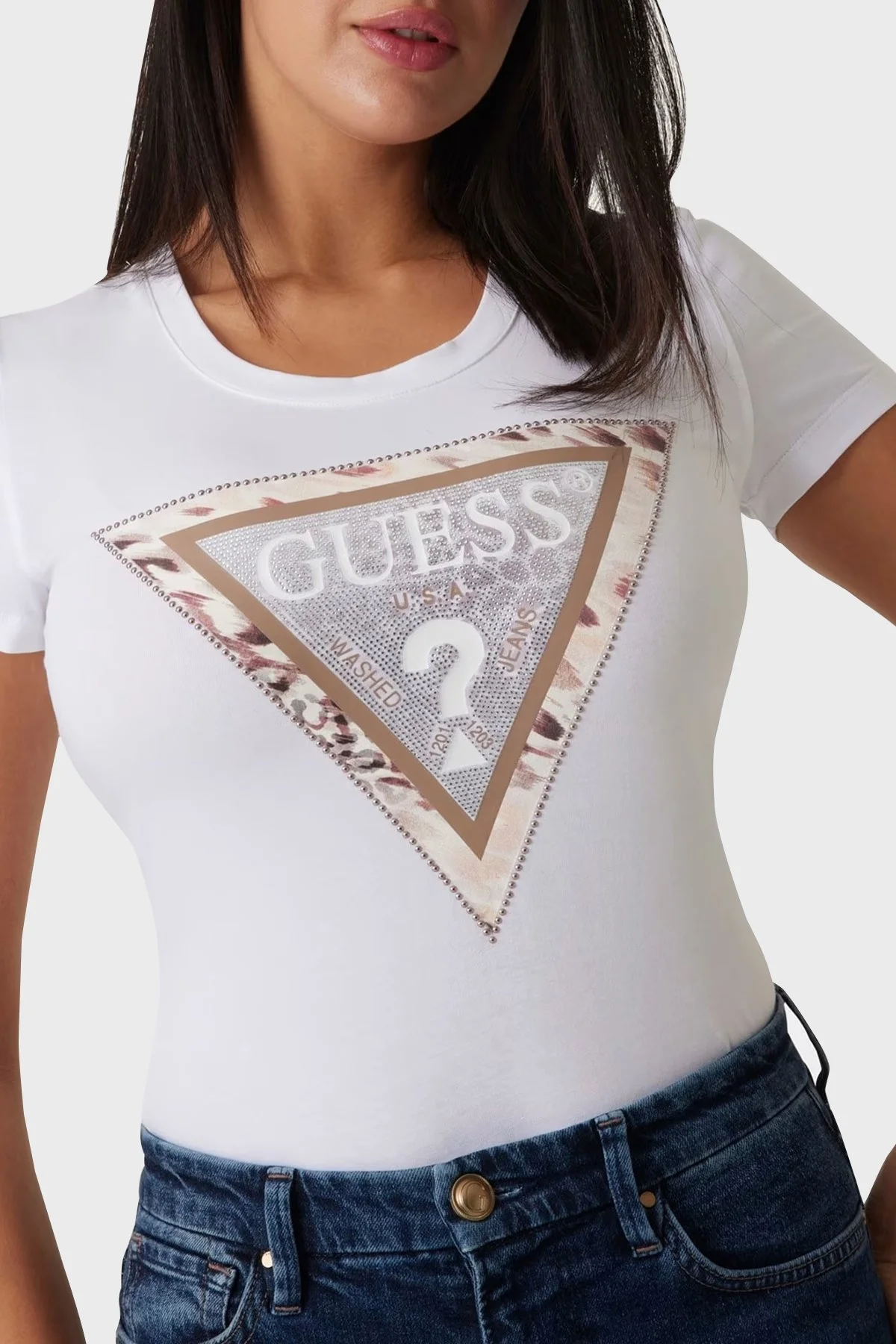 Guess Ss Cn Cheeta Pamuklu Slim Fit Bisiklet Yaka Logolu W5RI22J1314 Bayan T Shirt W5RI22 J1314 G011 BEYAZ - 9