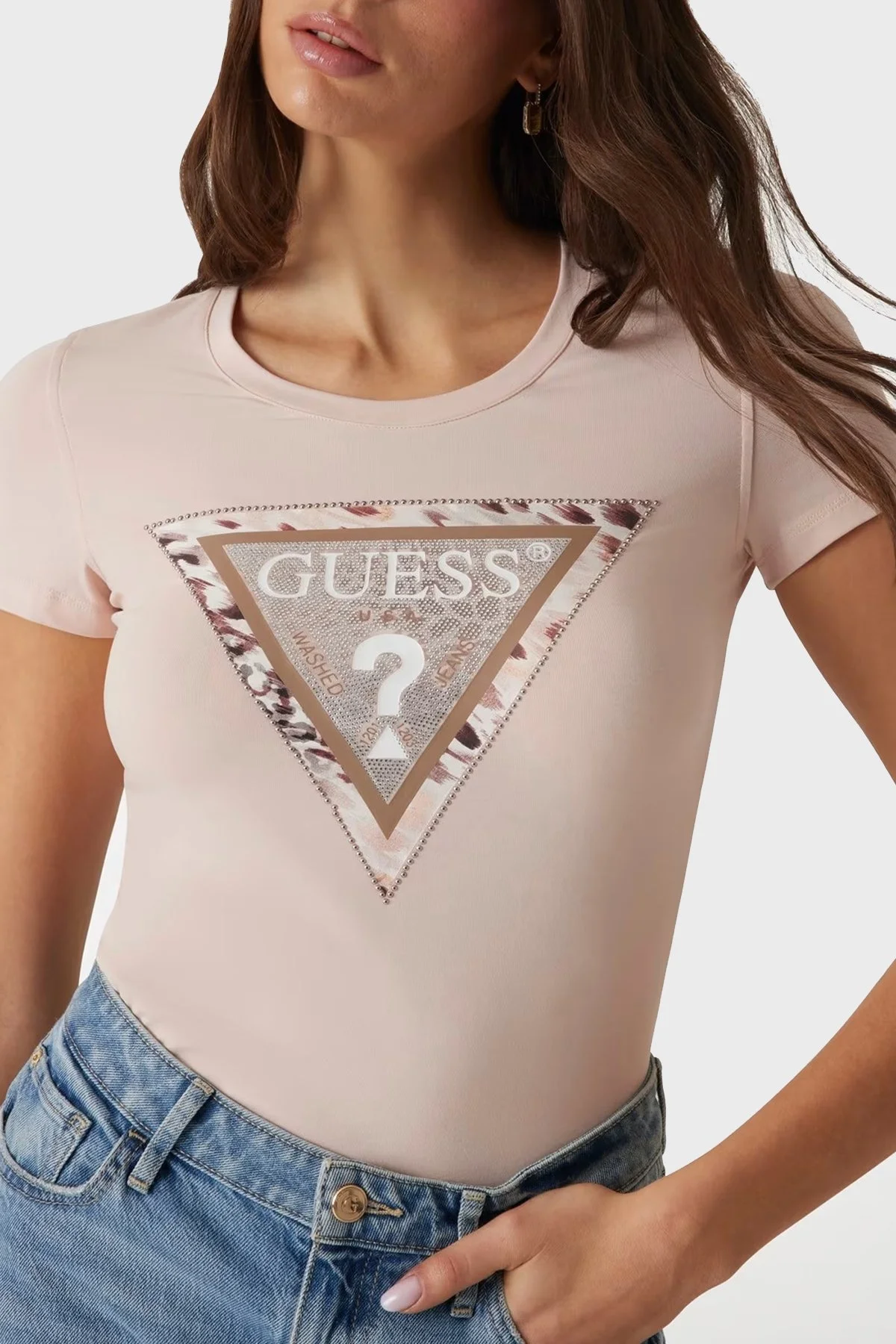 Guess Ss Cn Cheeta Pamuklu Slim Fit Bisiklet Yaka Logolu W5RI22J1314 Bayan T Shirt W5RI22 J1314 G6O3 PUDRA - 6
