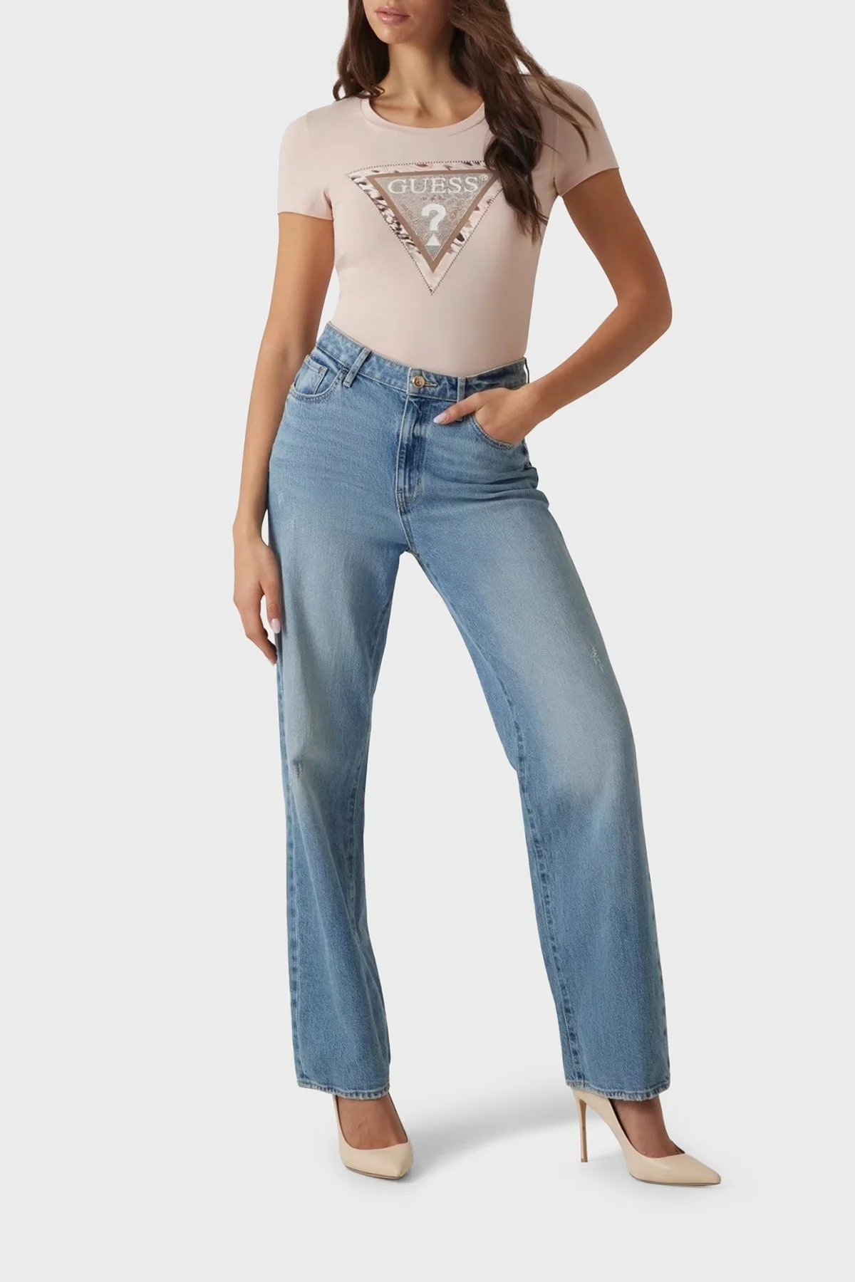 Guess Ss Cn Cheeta Pamuklu Slim Fit Bisiklet Yaka Logolu W5RI22J1314 Bayan T Shirt W5RI22 J1314 G6O3 PUDRA - 7