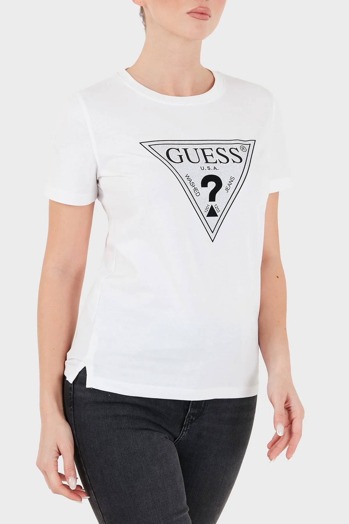 Guess Ss Cn Crystals Logolu Pamuklu Slim Fit W6BI20K6039 Kadın T Shirt W6BI20 K6039 G011 Beyaz - 1