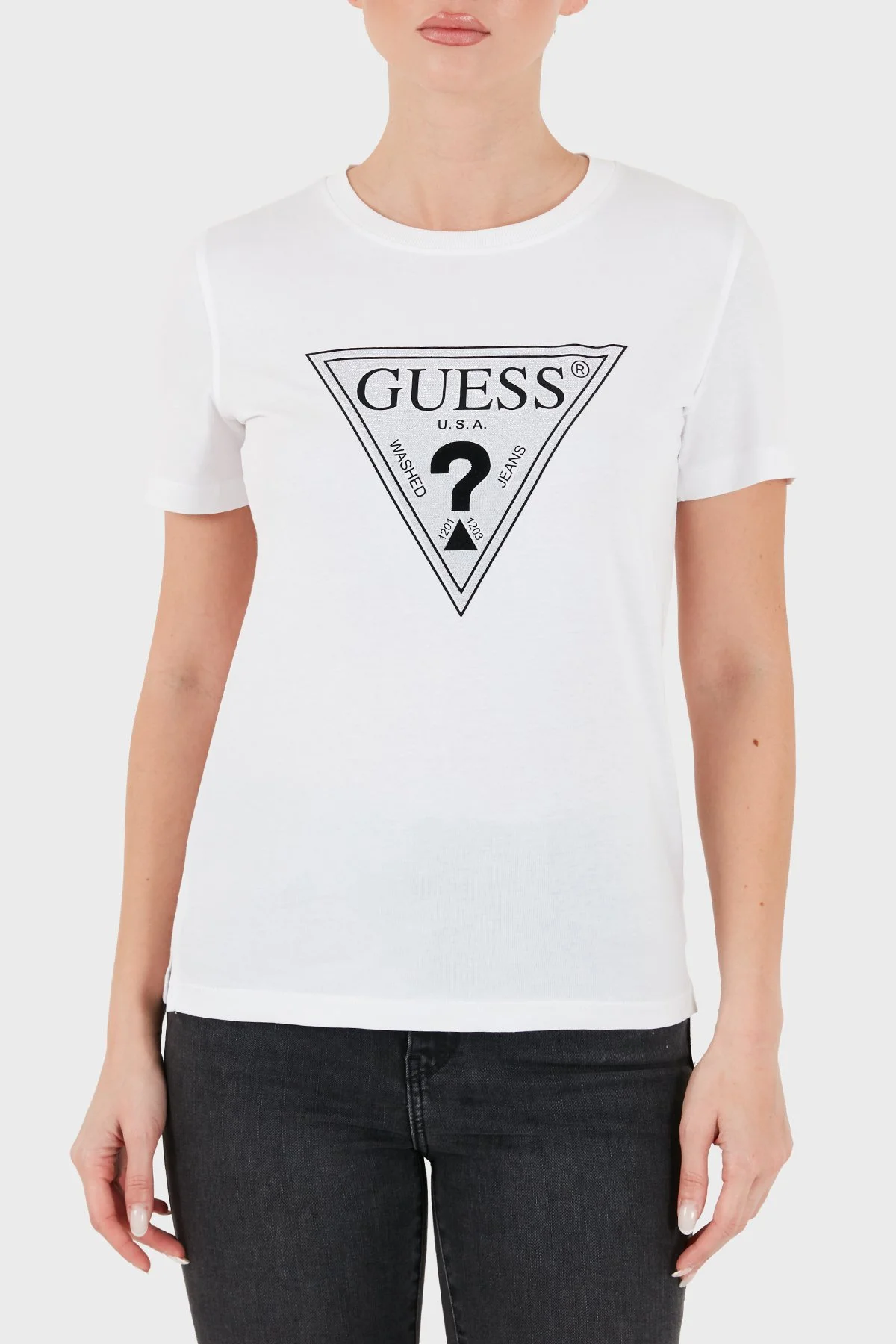 Guess Ss Cn Crystals Logolu Pamuklu Slim Fit W6BI20K6039 Kadın T Shirt W6BI20 K6039 G011 Beyaz - 3