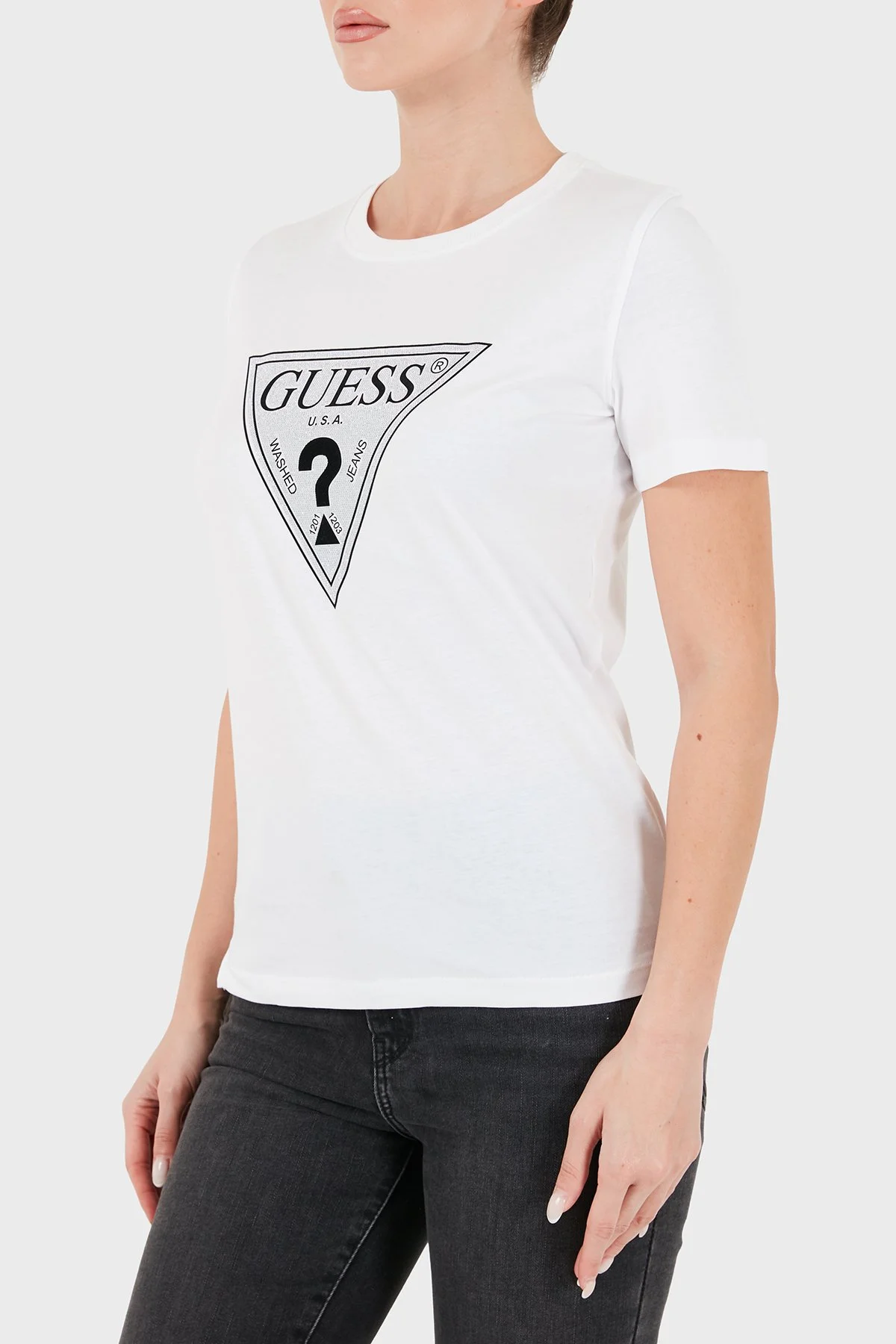 Guess Ss Cn Crystals Logolu Pamuklu Slim Fit W6BI20K6039 Kadın T Shirt W6BI20 K6039 G011 Beyaz - 4