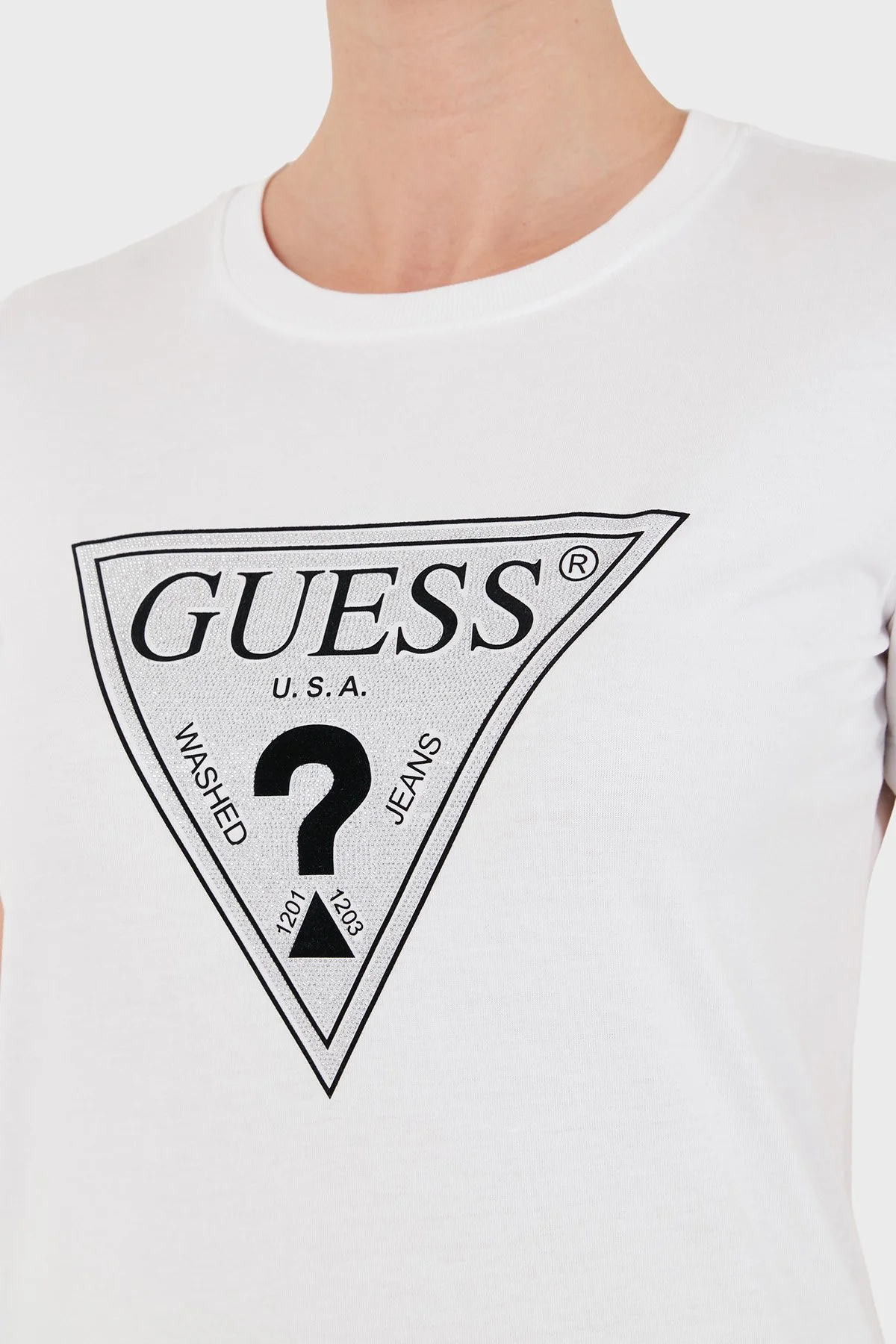 Guess Ss Cn Crystals Logolu Pamuklu Slim Fit W6BI20K6039 Kadın T Shirt W6BI20 K6039 G011 Beyaz - 5