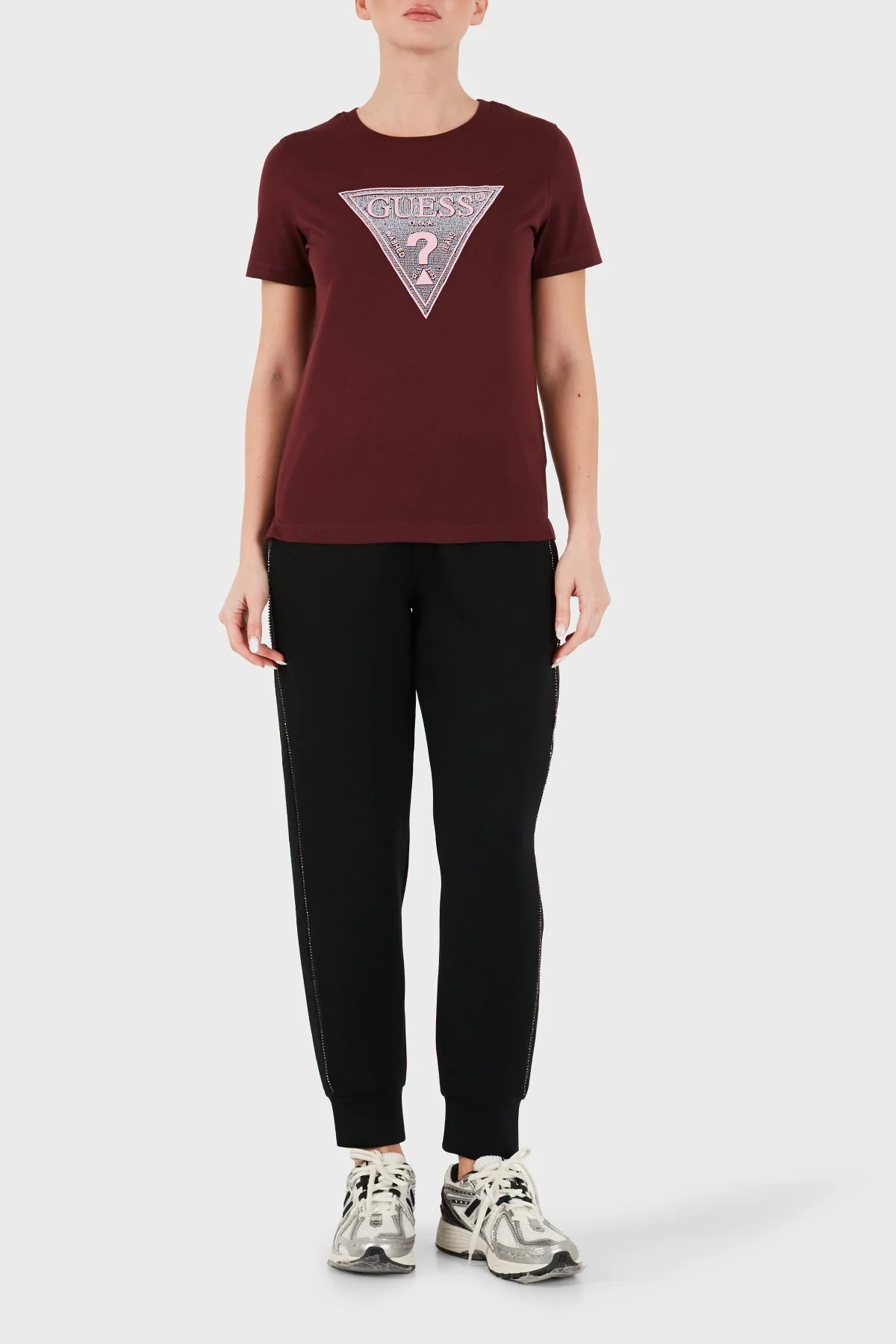 Guess Ss Cn Crystals Logolu Pamuklu Slim Fit W6BI20K6039 Kadın T Shirt W6BI20 K6039 G596 Bordo - 2