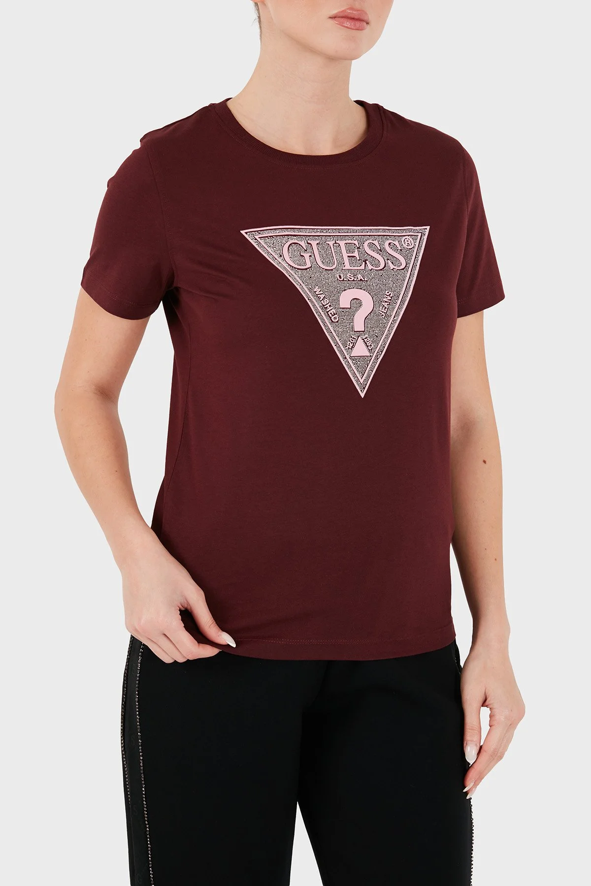 Guess Ss Cn Crystals Logolu Pamuklu Slim Fit W6BI20K6039 Kadın T Shirt W6BI20 K6039 G596 Bordo - 4