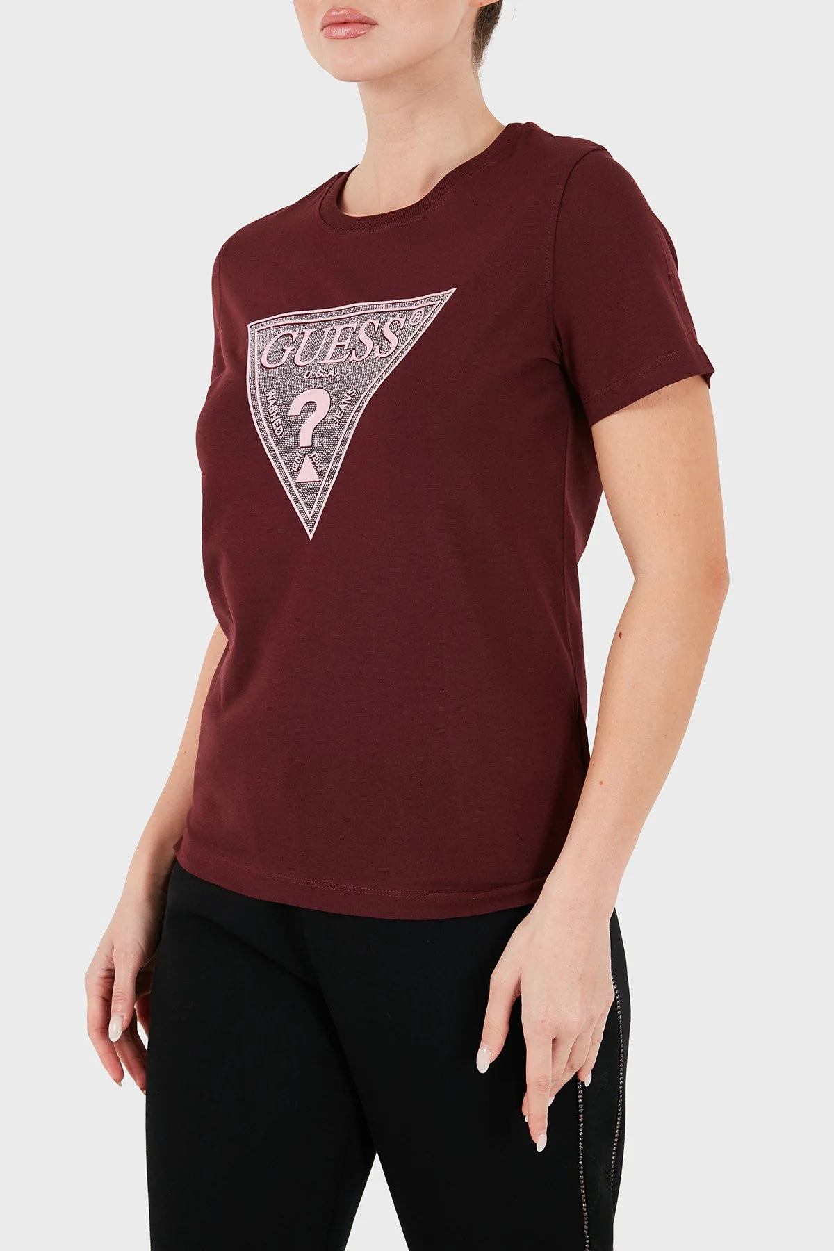 Guess Ss Cn Crystals Logolu Pamuklu Slim Fit W6BI20K6039 Kadın T Shirt W6BI20 K6039 G596 Bordo - 5