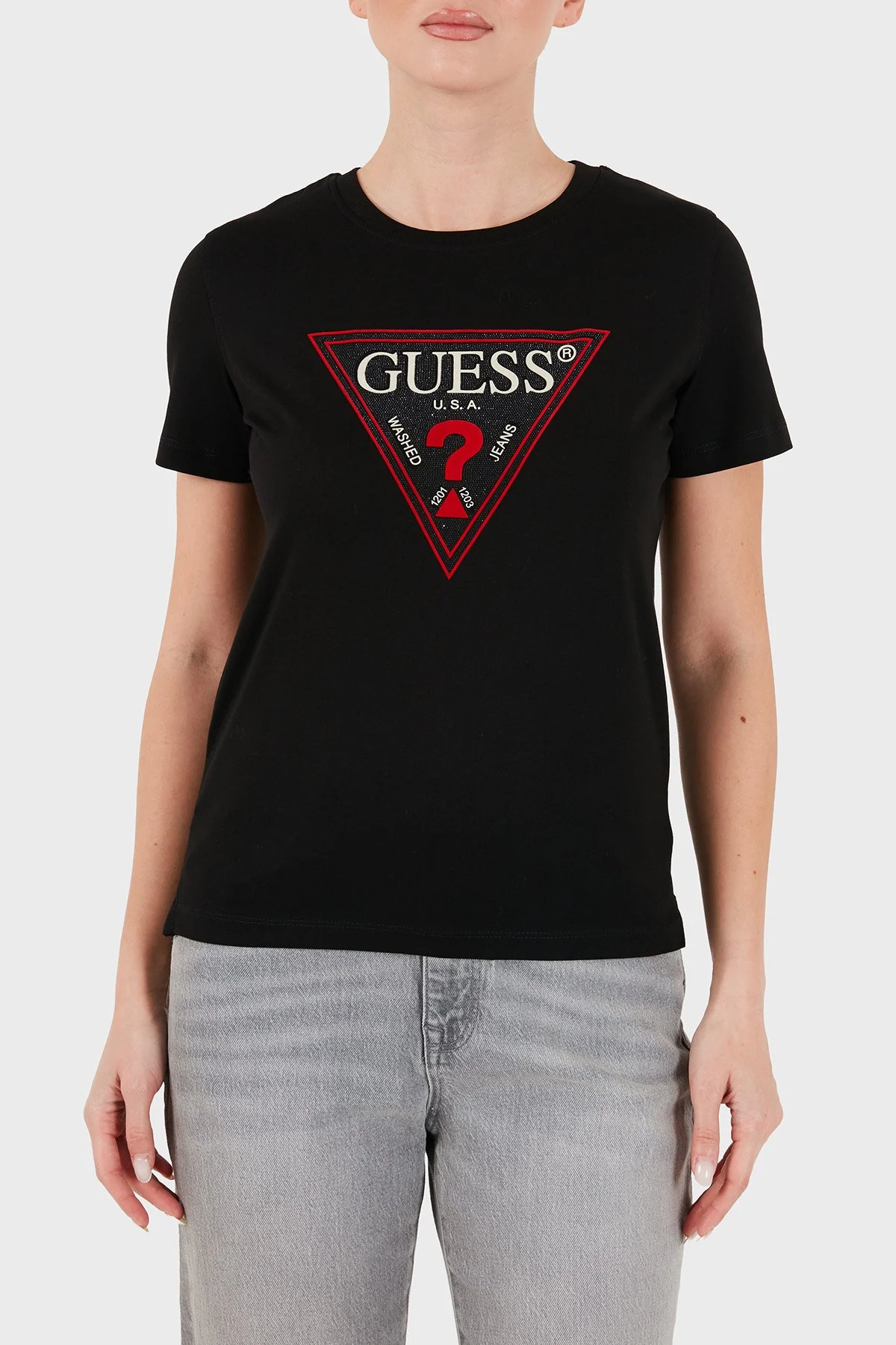 Guess Ss Cn Crystals Logolu Pamuklu Slim Fit W6BI20K6039 Kadın T Shirt W6BI20 K6039 JBLK Siyah - 3