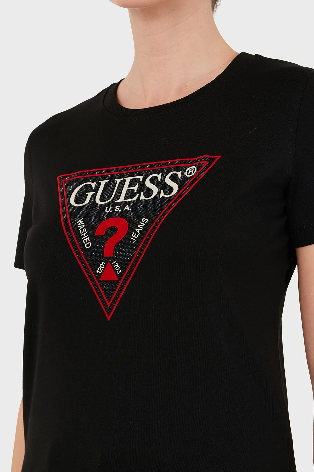 Guess Ss Cn Crystals Logolu Pamuklu Slim Fit W6BI20K6039 Kadın T Shirt W6BI20 K6039 JBLK Siyah - 4
