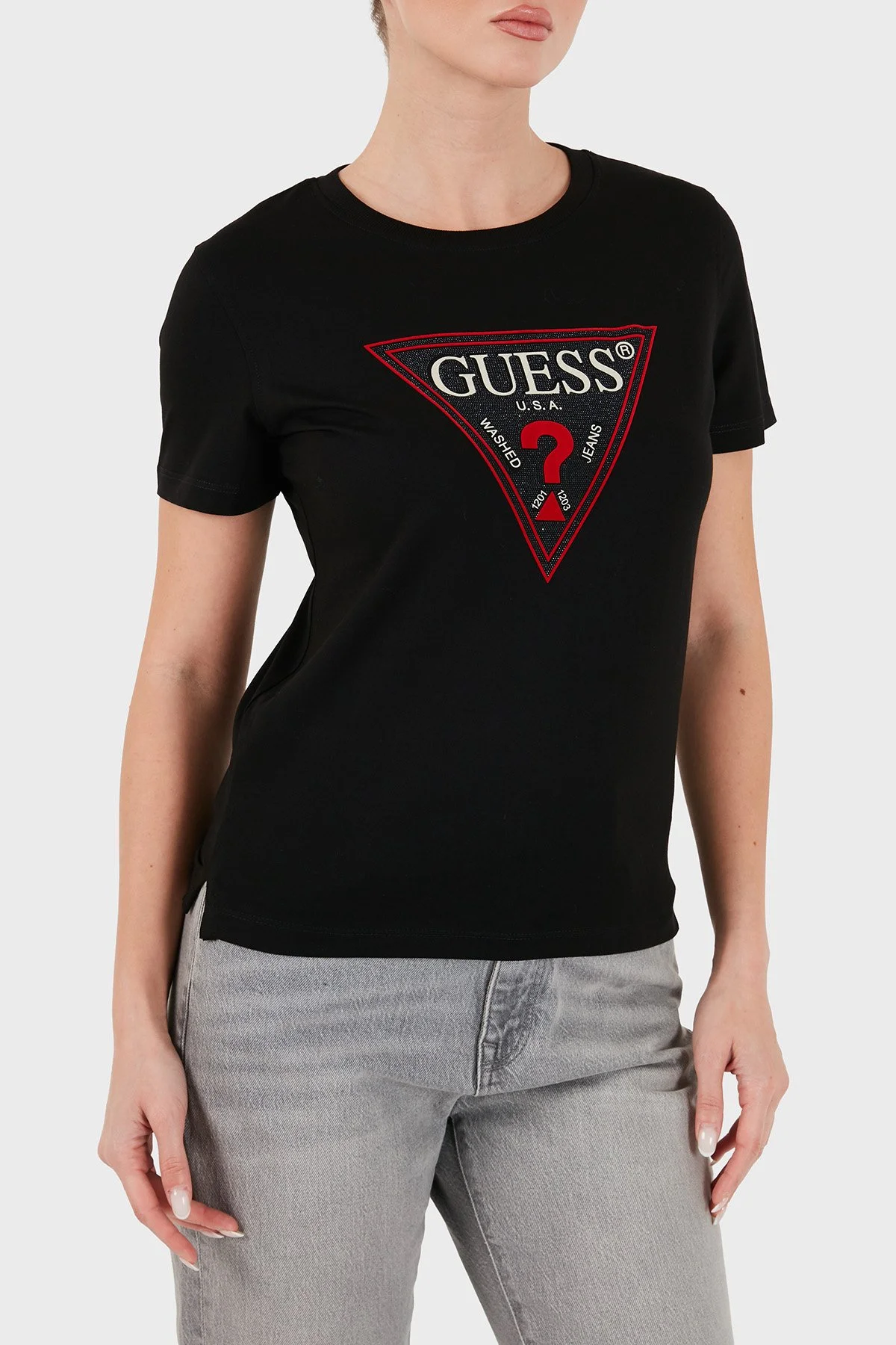Guess Ss Cn Crystals Logolu Pamuklu Slim Fit W6BI20K6039 Kadın T Shirt W6BI20 K6039 JBLK Siyah - 5