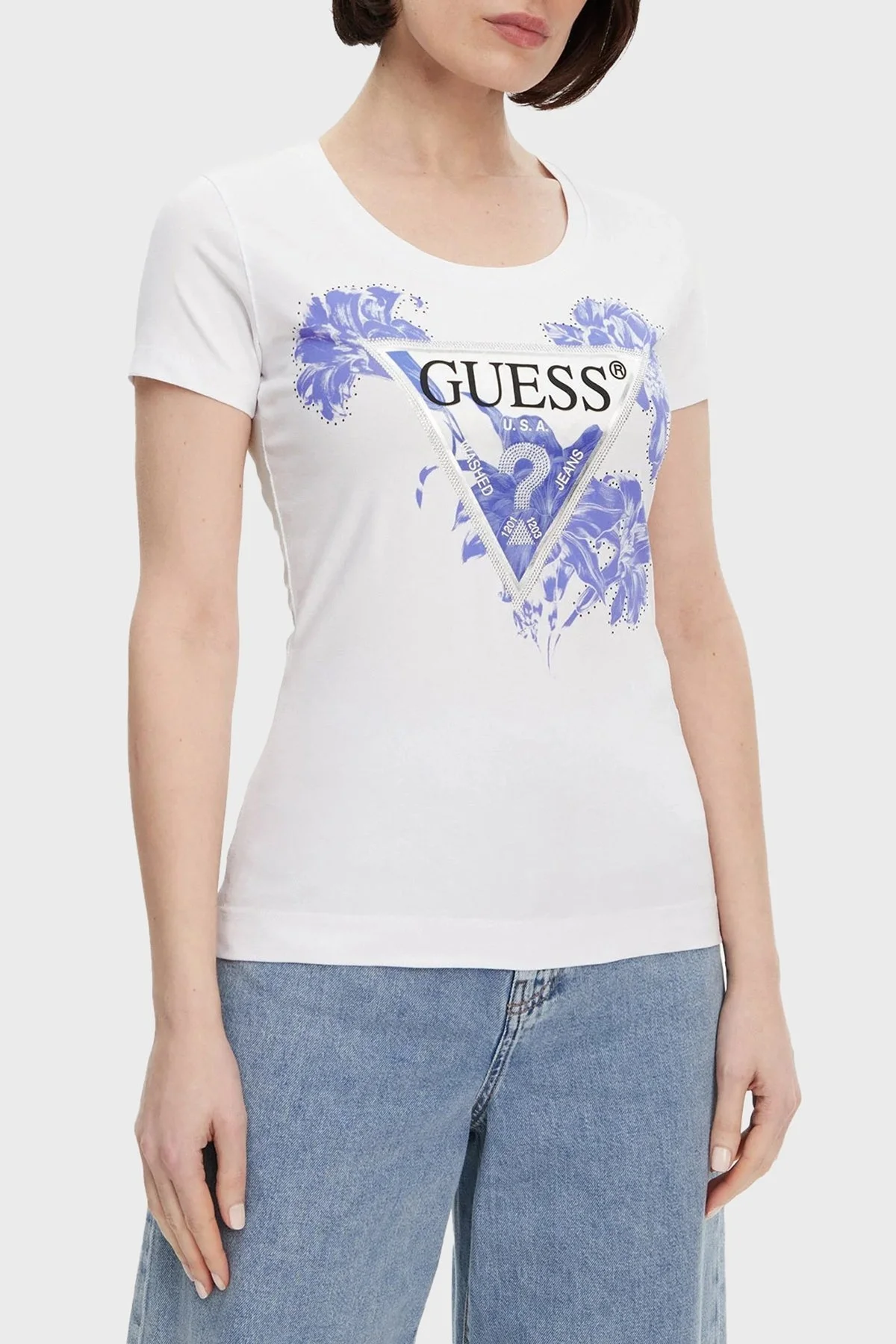Guess Ss Cn Flower Streç Pamuklu Slim Fit Üçgen Logolu W5GI08J1314 Bayan T Shirt W5GI08 J1314 G011 BEYAZ - 6