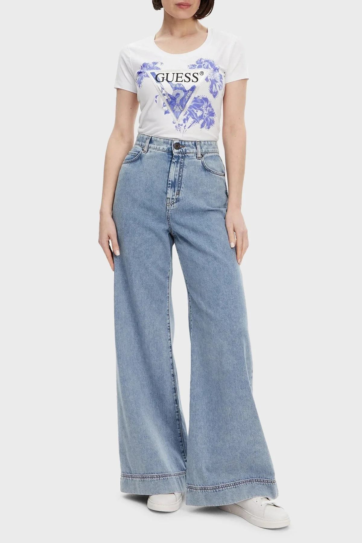 Guess Ss Cn Flower Streç Pamuklu Slim Fit Üçgen Logolu W5GI08J1314 Bayan T Shirt W5GI08 J1314 G011 BEYAZ - 7