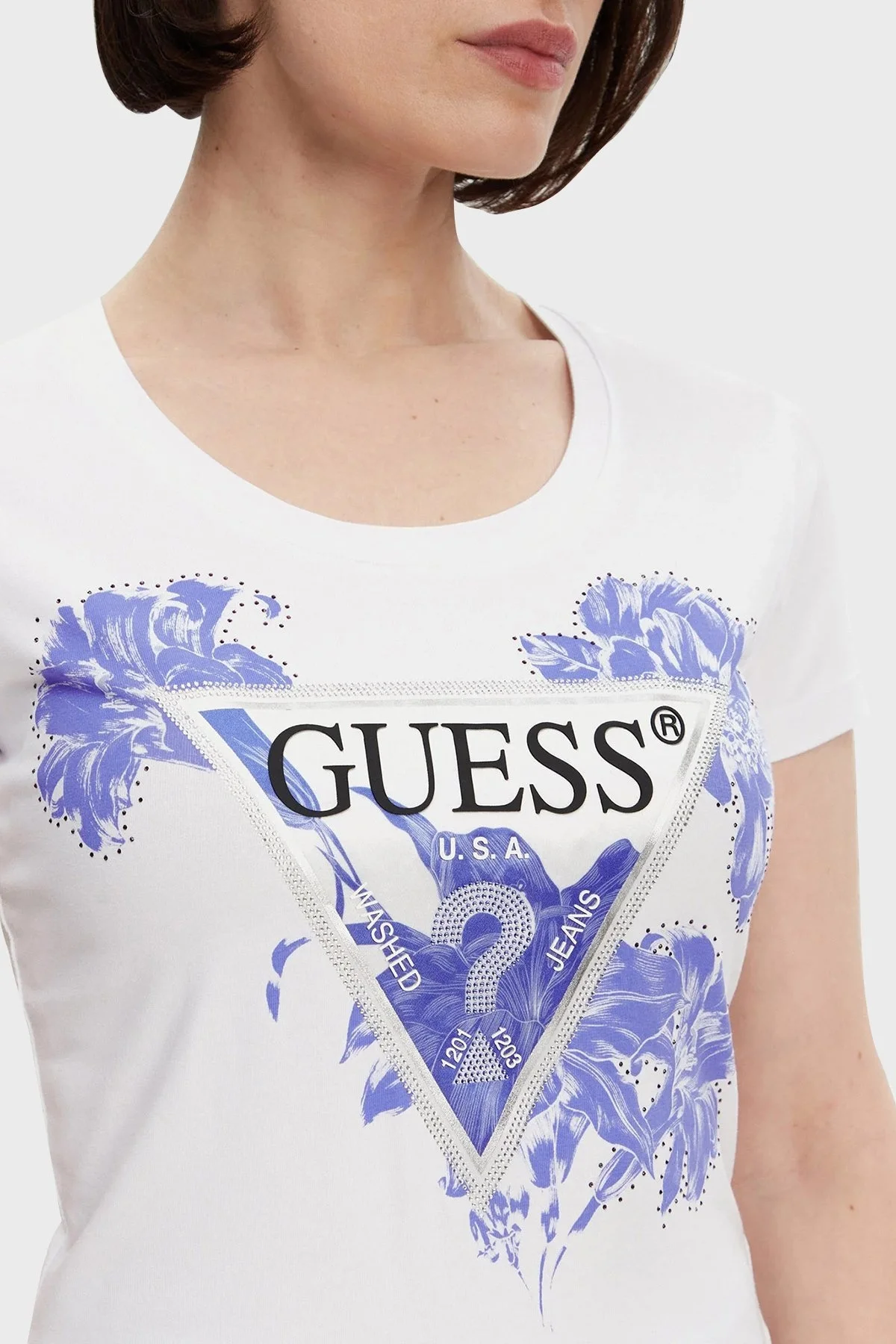 Guess Ss Cn Flower Streç Pamuklu Slim Fit Üçgen Logolu W5GI08J1314 Bayan T Shirt W5GI08 J1314 G011 BEYAZ - 9