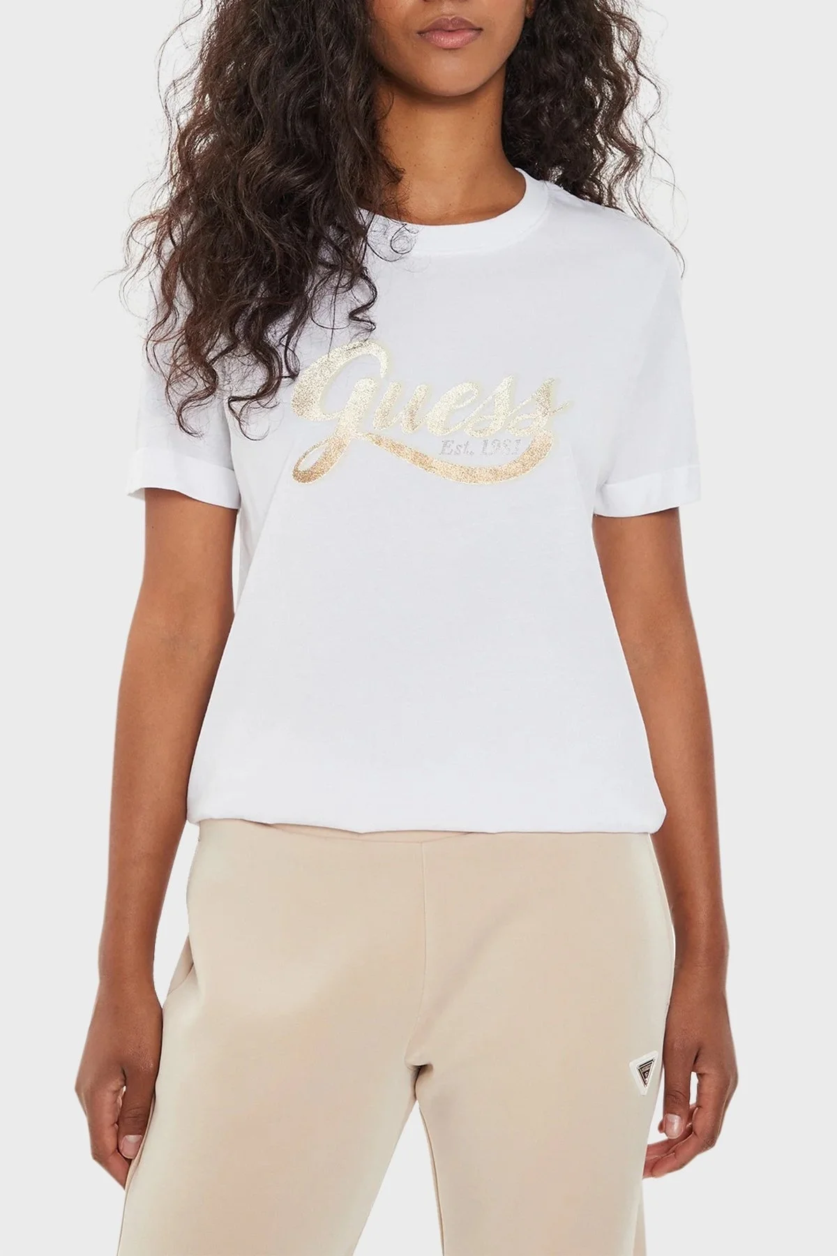 Guess Ss Cn Glittery Pamuklu Regular Fit W4YI09JA914 Bayan T Shirt W4YI09 JA914 G011 BEYAZ - 1