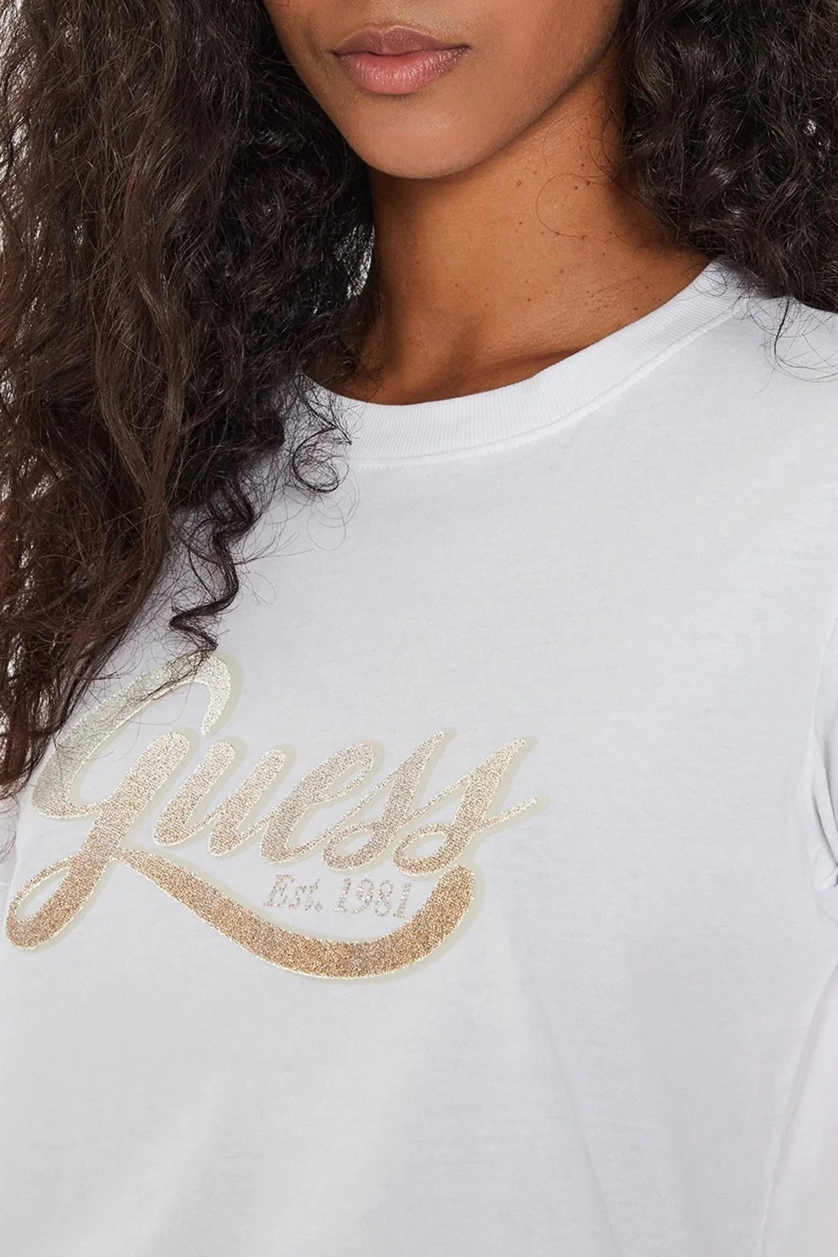 Guess Ss Cn Glittery Pamuklu Regular Fit W4YI09JA914 Bayan T Shirt W4YI09 JA914 G011 BEYAZ - 4