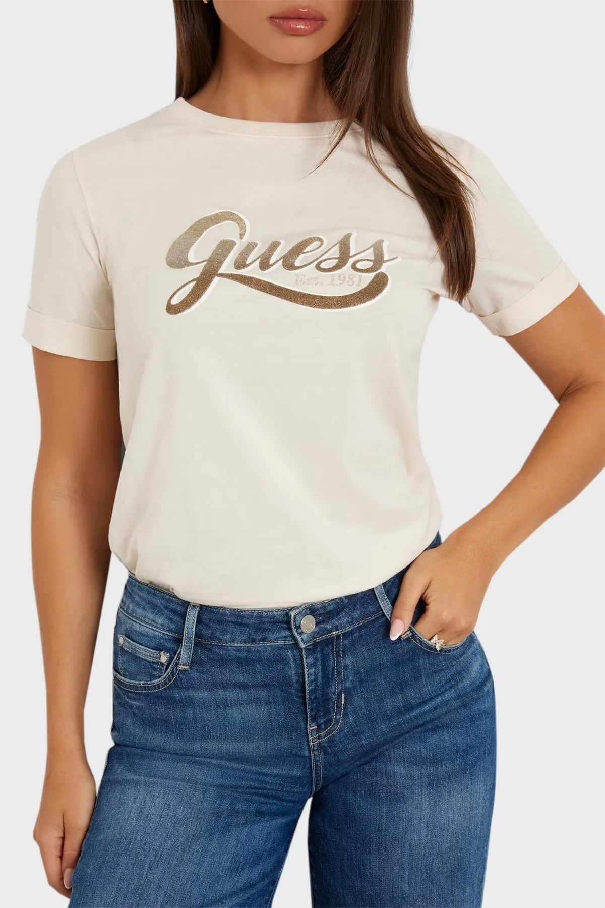 Guess Ss Cn Glittery Pamuklu Regular Fit W4YI09JA914 Bayan T Shirt W4YI09 JA914 G1E0 KREM - 4
