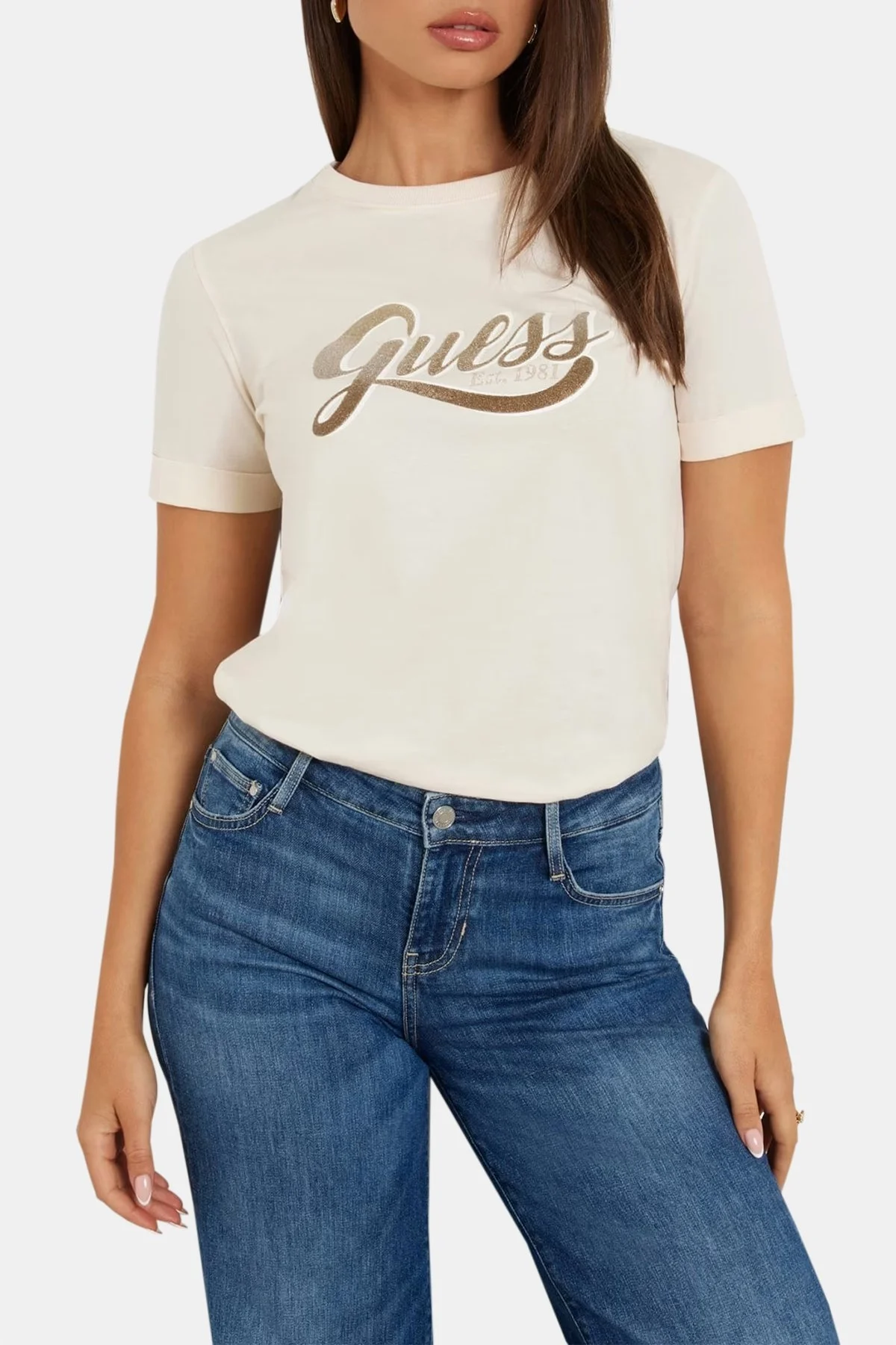 Guess Ss Cn Glittery Pamuklu Regular Fit W4YI09JA914 Bayan T Shirt W4YI09 JA914 G1E0 KREM - 7
