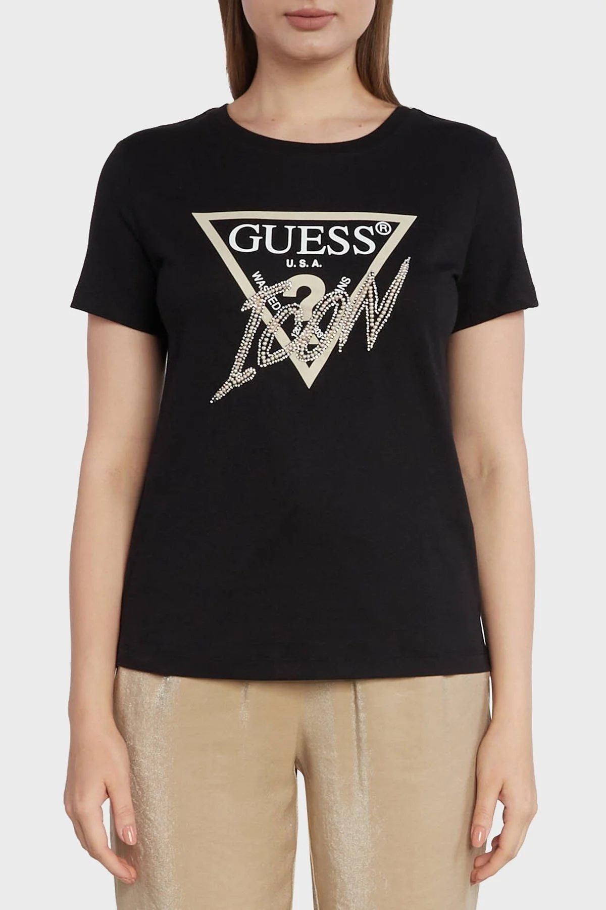 Guess Icon Pamuklu Regular Fit Bisiklet Yaka Bayan T Shirt W3YI42I3Z13 JBLK SİYAH - 1