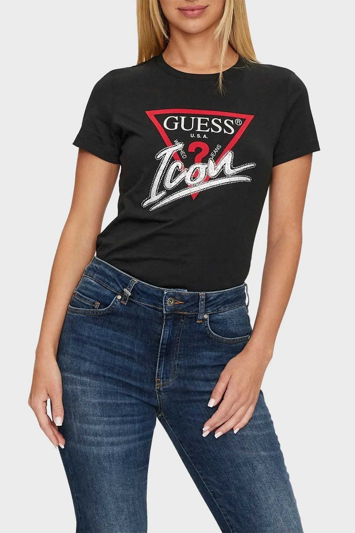 Guess Ss Cn Icon Pamuklu Regular Fit W4YI32I3Z14 Bayan T Shirt W4YI32 I3Z14 JBLK SİYAH - 1