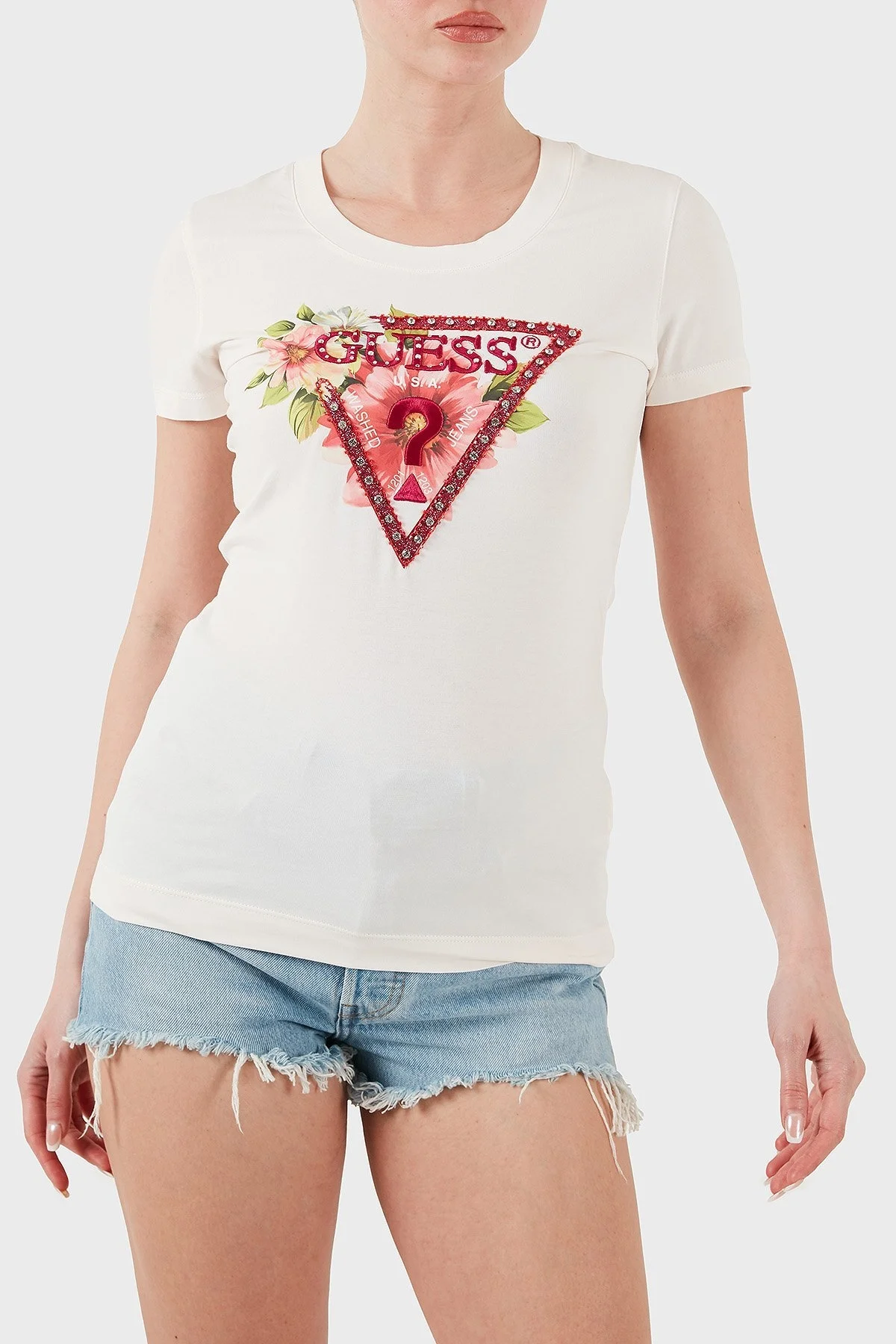 Guess Ss Cn Logo Nakışlı Streç Pamuklu Slim Fit Bisiklet Yaka W5GI10J1314 Bayan T Shirt W5GI10 J1314 G012 EKRU - 7