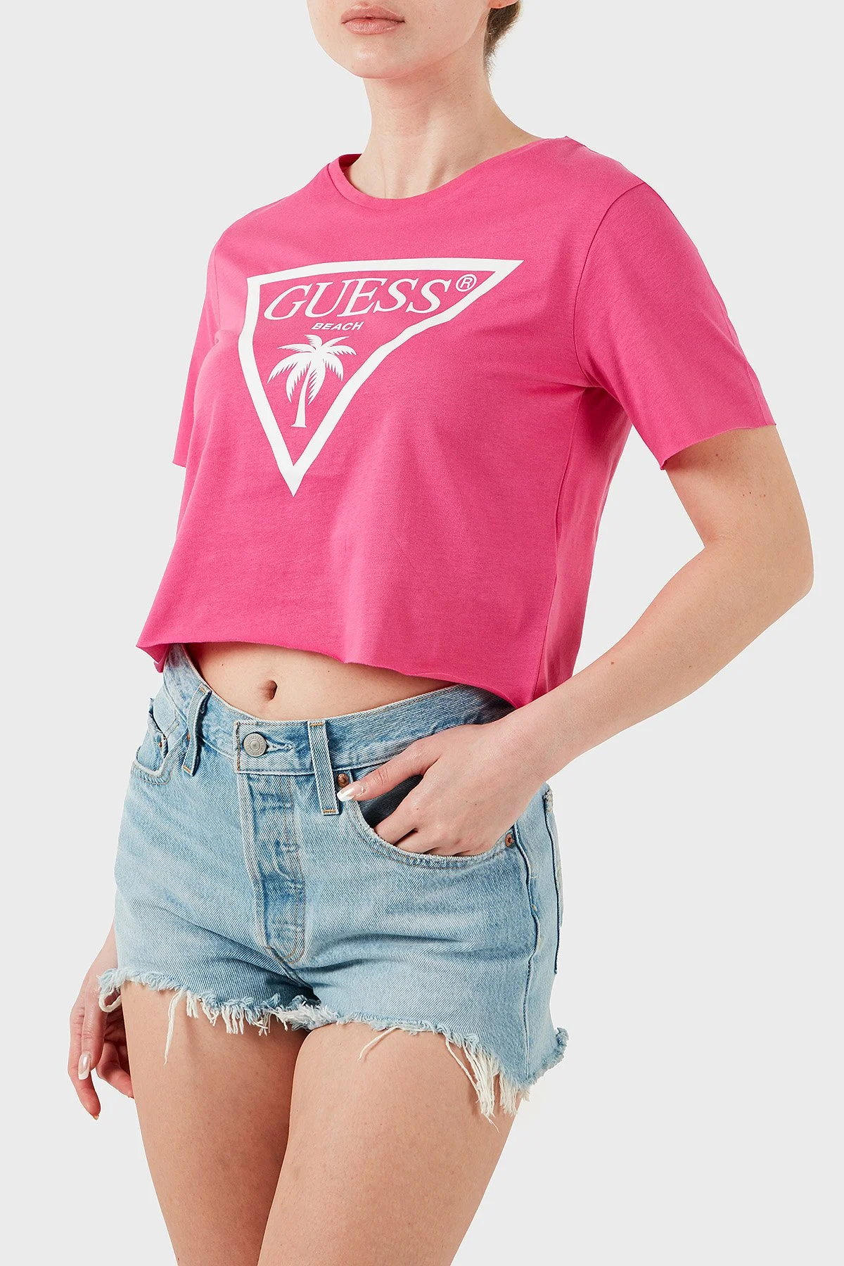 Guess Ss Cn Logo Pamuklu Boxy Fit E02I01JA914 Kadın Crop E02I01 JA914 F45D FUŞYA - 5