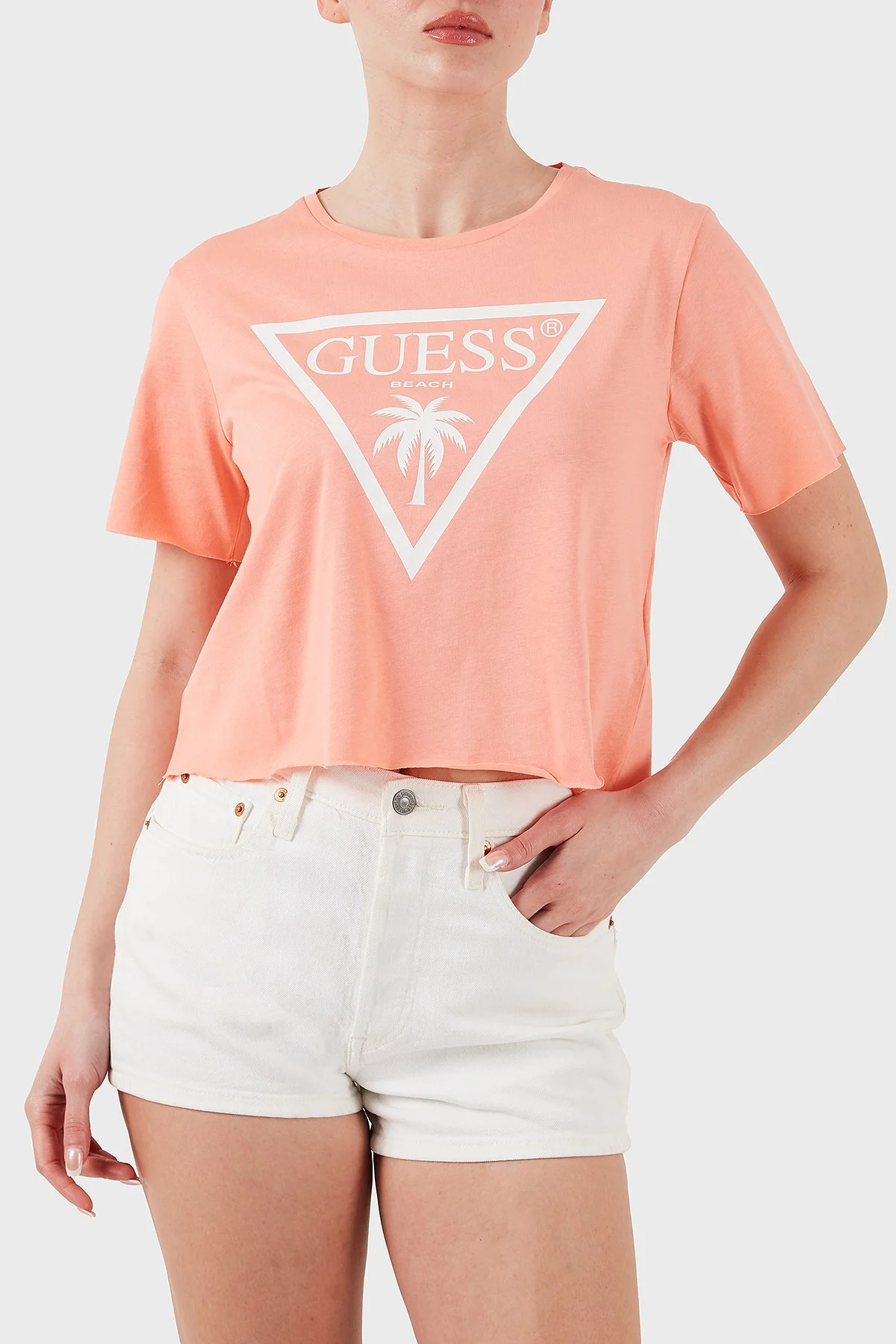 Guess Ss Cn Logo Pamuklu Boxy Fit E02I01JA914 Kadın Crop E02I01 JA914 LTAG PUDRA - 5