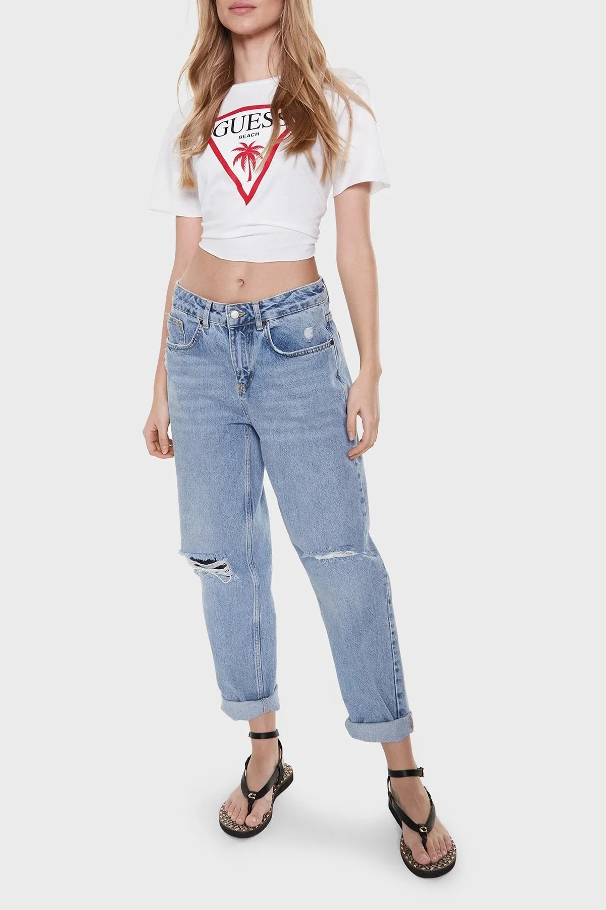 Guess Ss Cn Logo Pamuklu Cropped Fit E02I01JA914 Bayan T Shirt E02I01JA914 G011 BEYAZ - 6