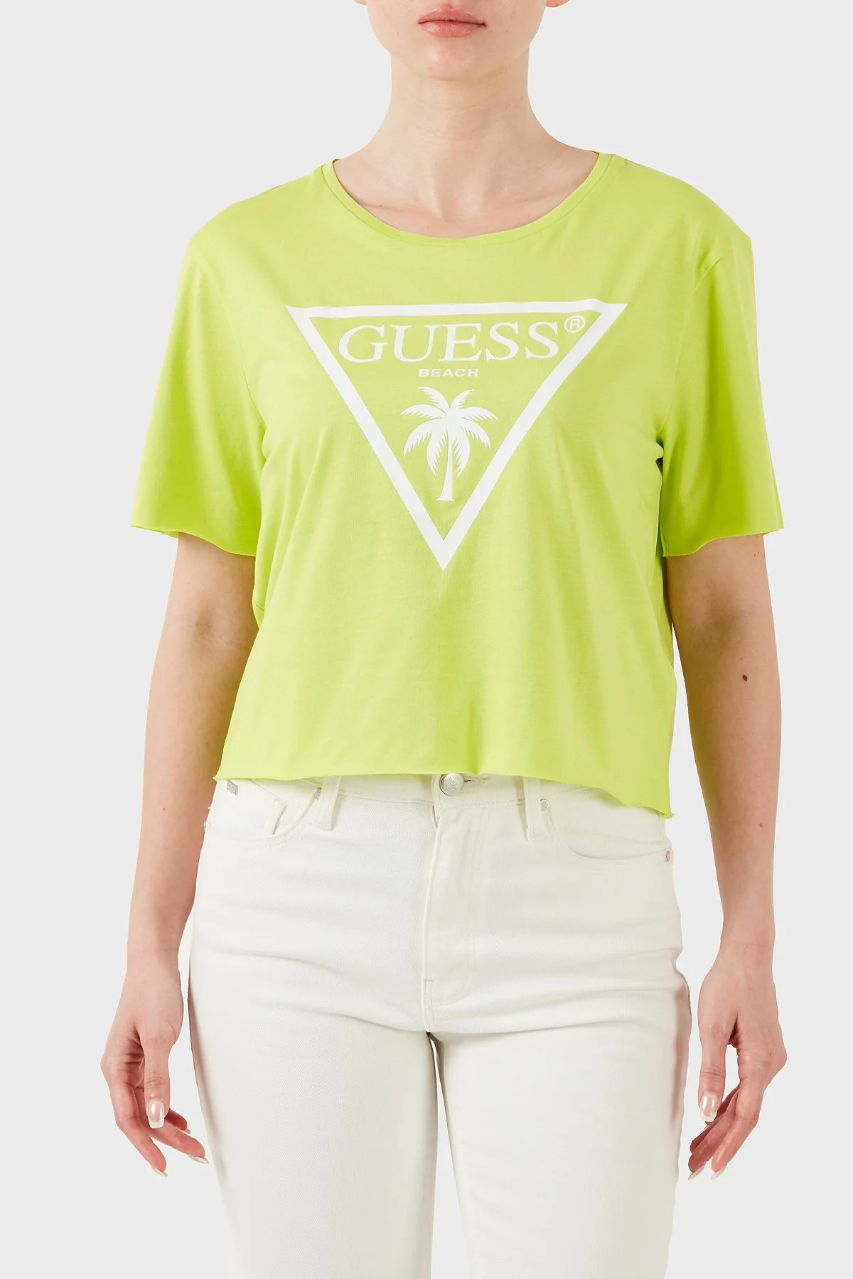 Guess Ss Cn Logo Pamuklu ped Fit T Shirt E02I01JA914 Kadın Crop E02I01 JA914 G8BU FISTIK YEŞİL - 1
