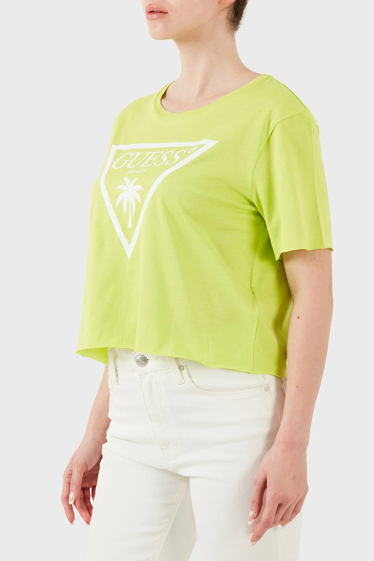 Guess Ss Cn Logo Pamuklu ped Fit T Shirt E02I01JA914 Kadın Crop E02I01 JA914 G8BU FISTIK YEŞİL - 5