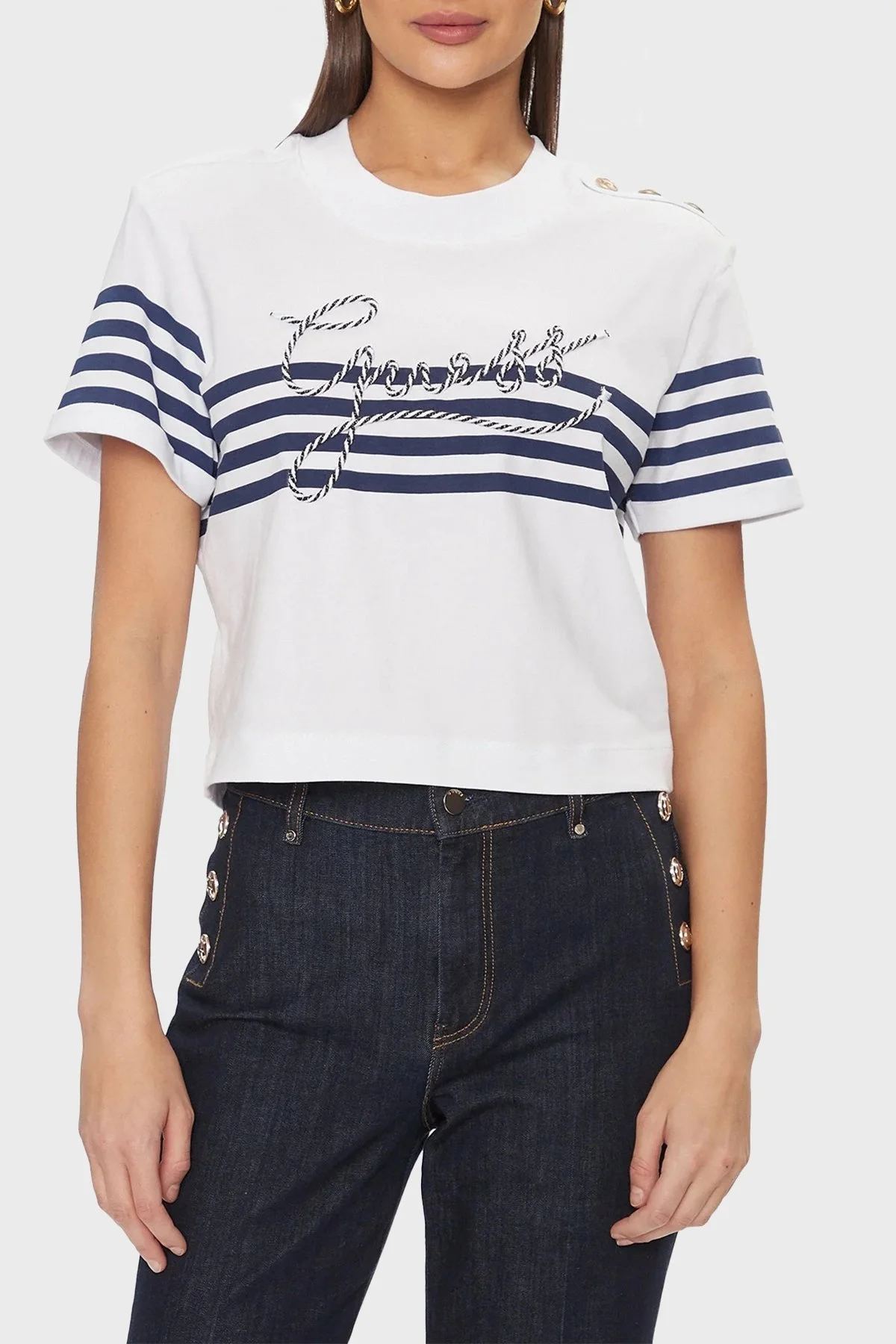 Guess Ss Cn Marina Pamuklu Çizgili Crop W4GI18K8FQ4 Bayan T Shirt W4GI18 K8FQ4 G011 BEYAZ - 1