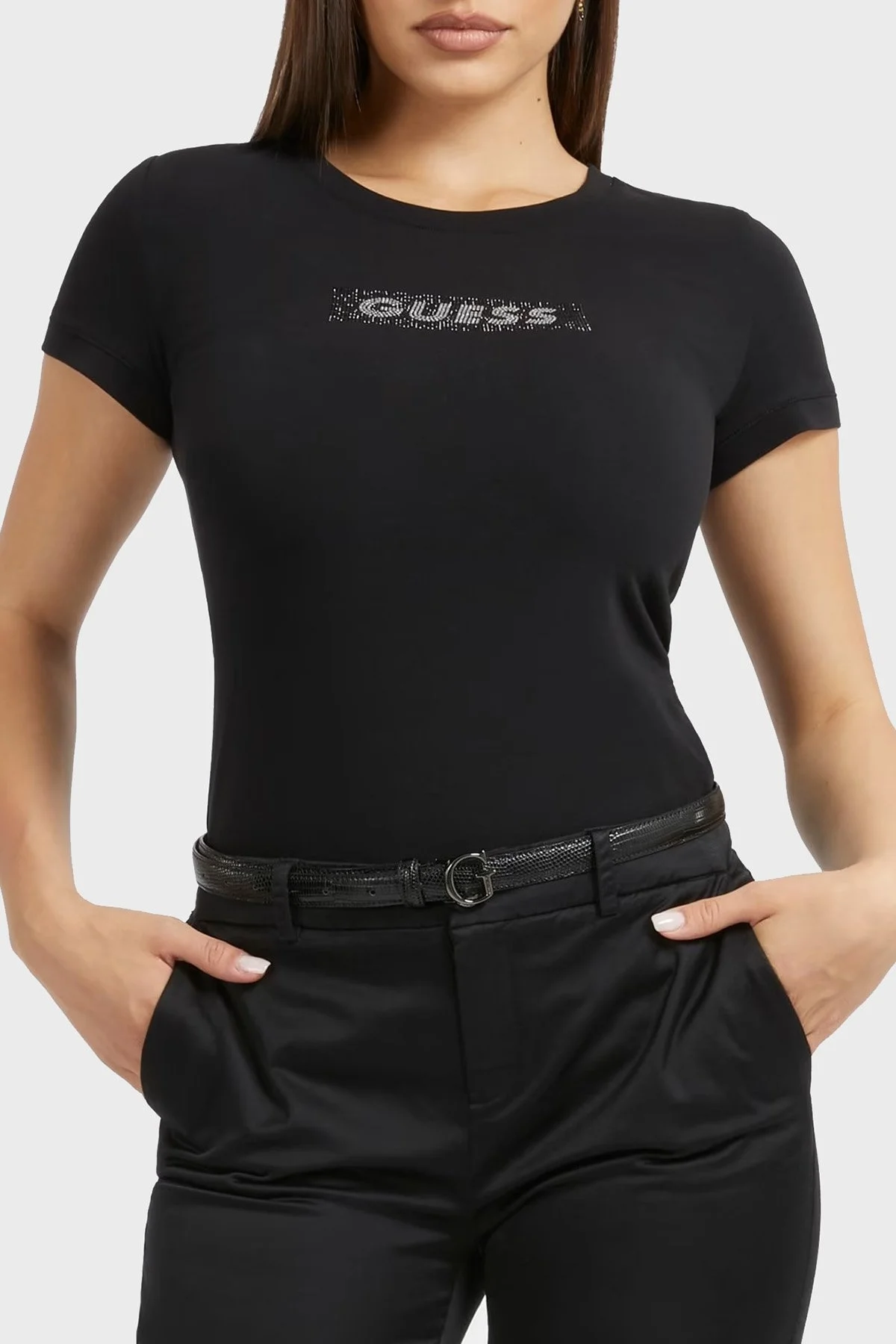 Guess Ss Cn Mini Pamuklu Slim Fit Bisiklet Yaka Bayan T Shirt W3YI20I3Z14 JBLK SİYAH - 1