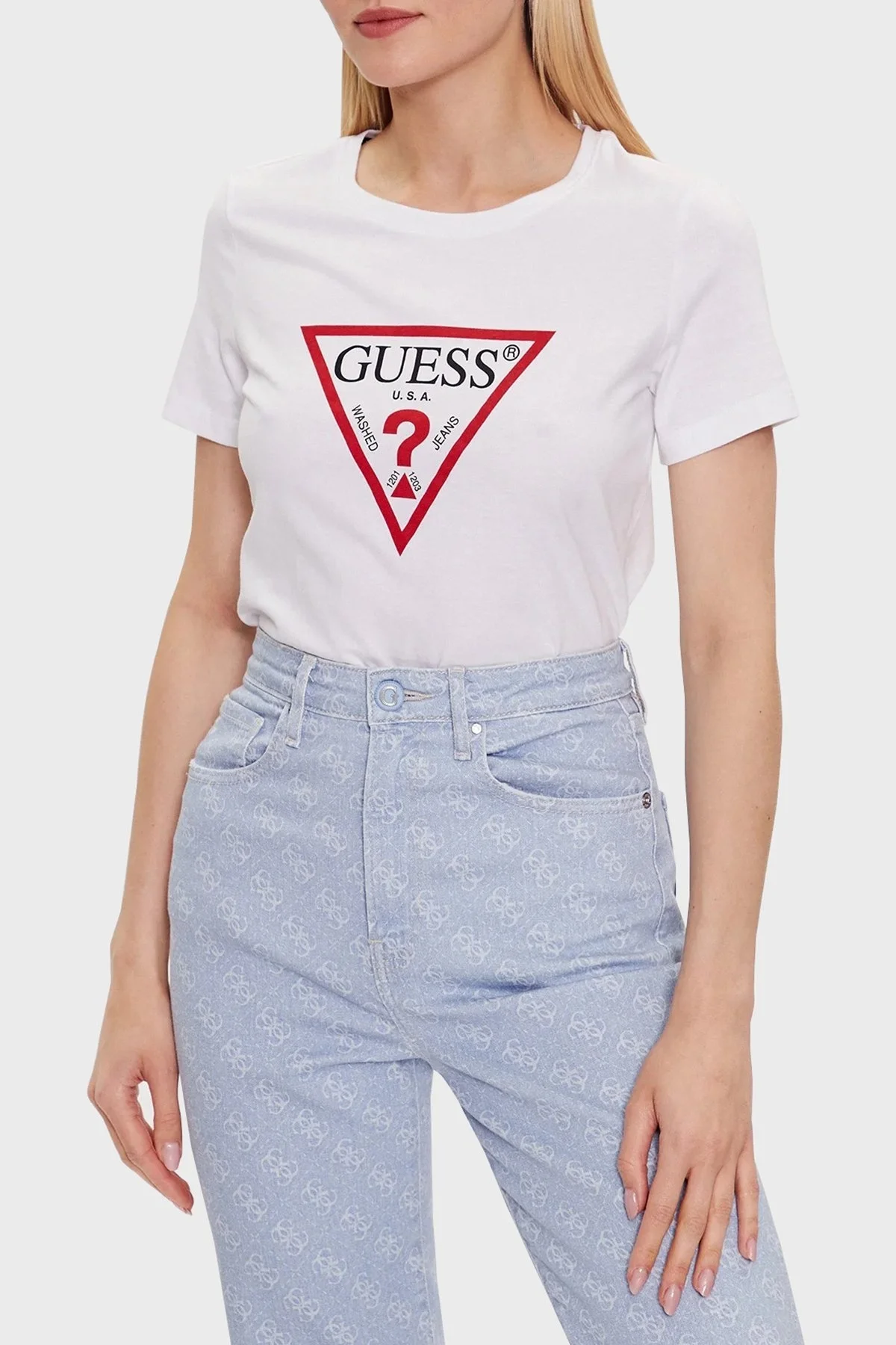 Guess Ss Cn Original Pamuklu Slim Fit Bisiklet Yaka W1YI1BI3Z14G011 Bayan T Shirt W1YI1BI3Z14 G011 BEYAZ - 6