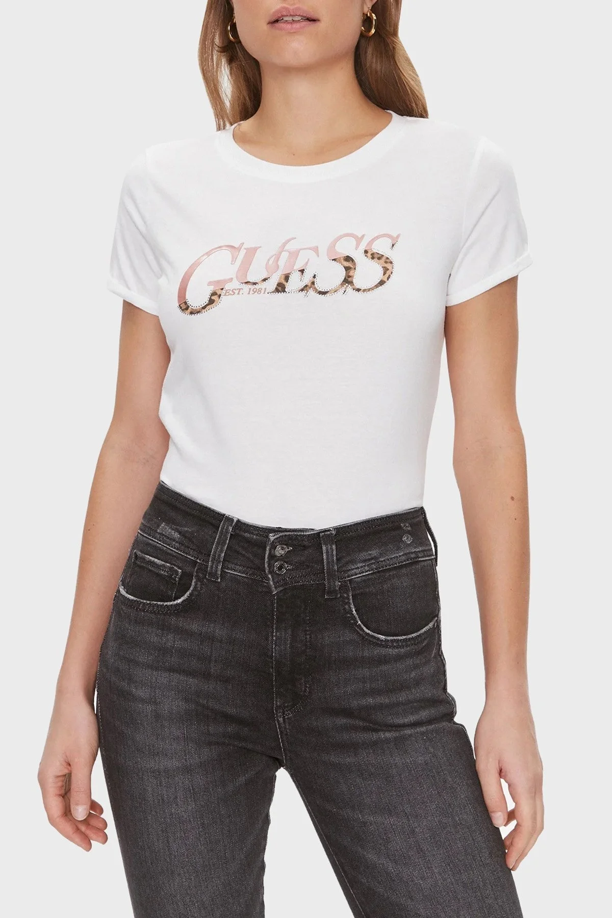 Guess Ss Cn Pamuklu Slim Fit Bisiklet Yaka W4RI24 JA914 Bayan T Shirt W4RI24JA914 G011 BEYAZ - 1