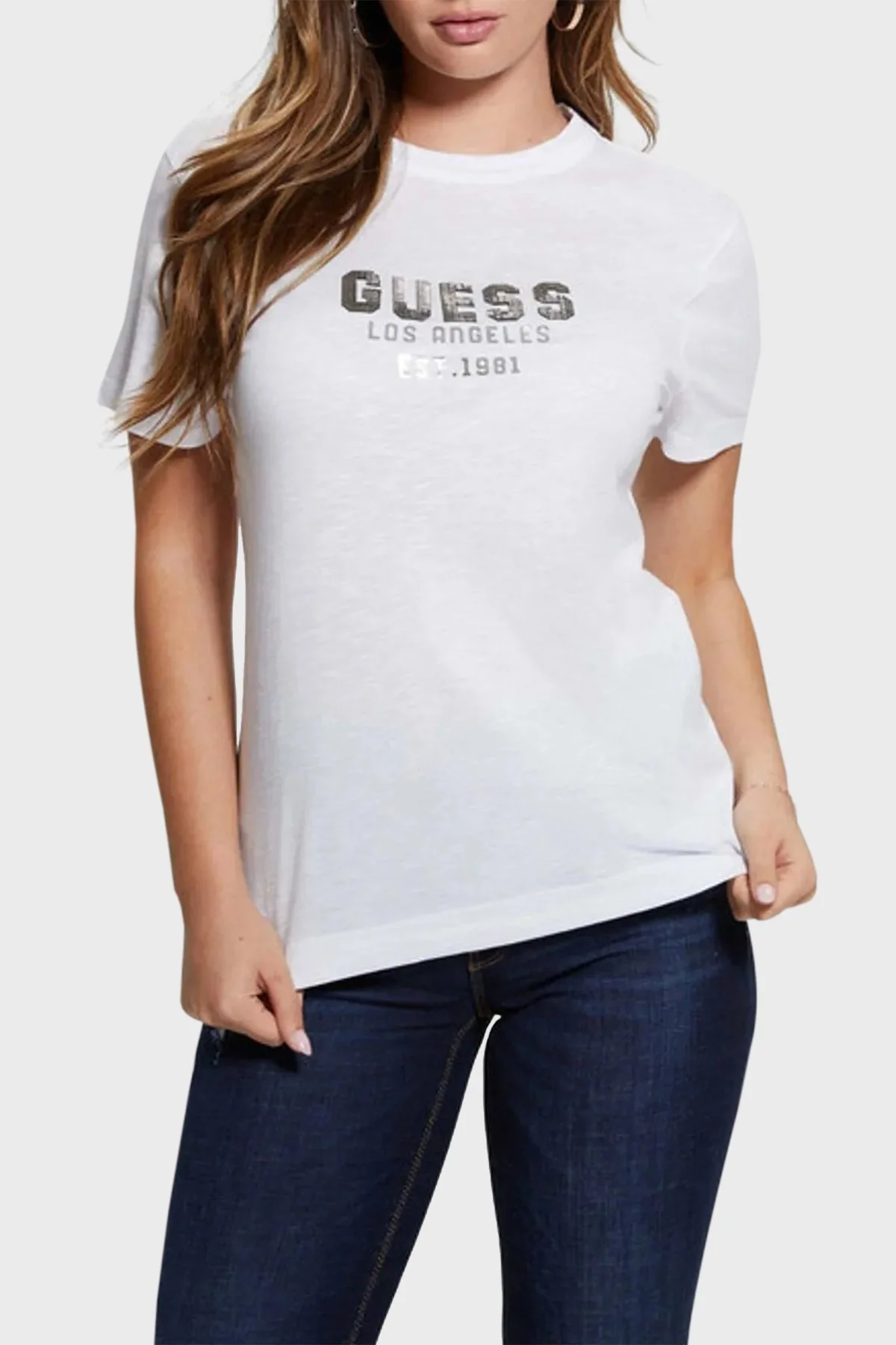 Guess Ss Cn Pyramide Pamuklu Bisiklet Yaka W4YI35KC8T0 Bayan T Shirt W4YI35 KC8T0 G011 BEYAZ - 1