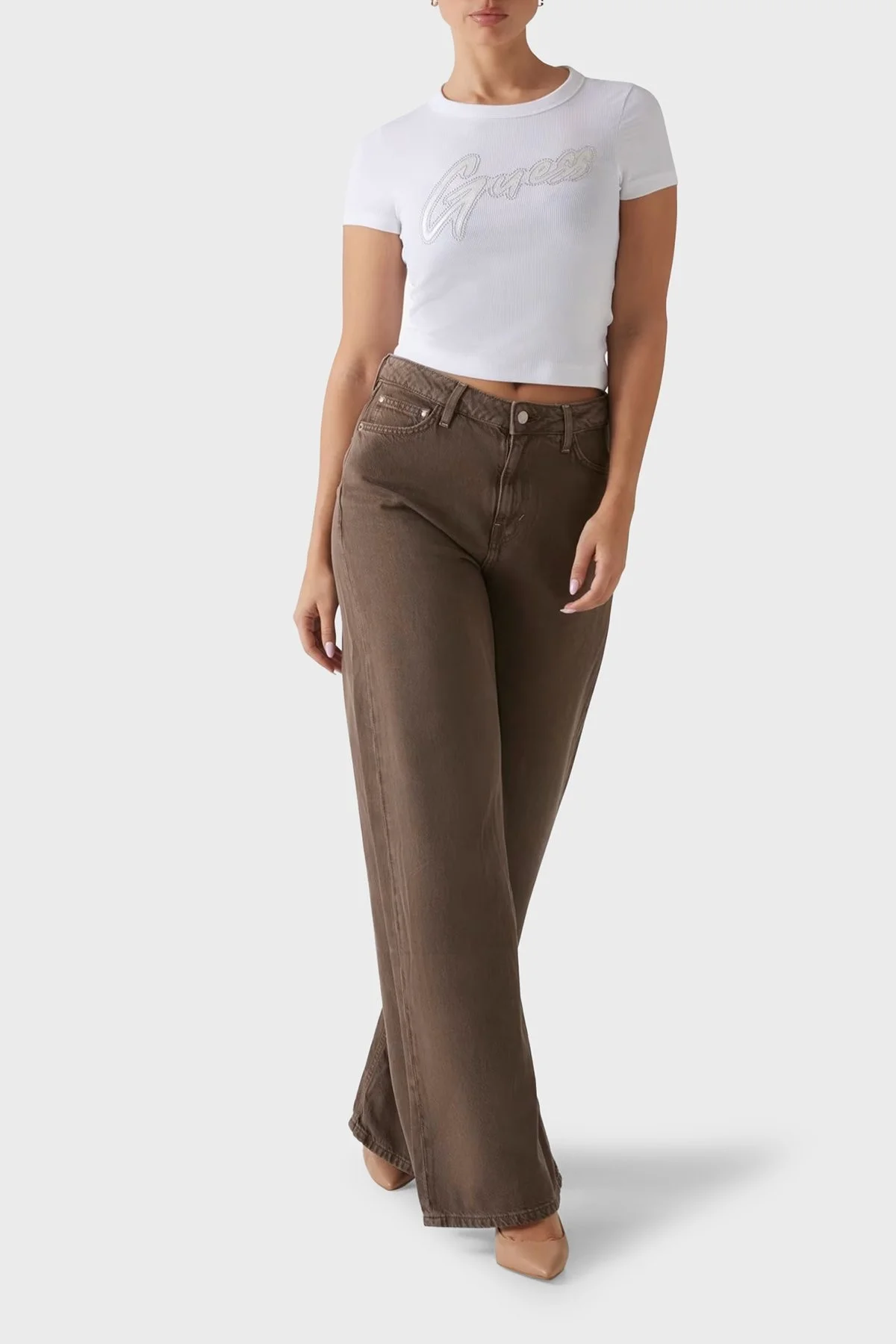 Guess Ss Cn Rib Logolu Streç Pamuklu Slim Fit Bisiklet Yaka W5RI68KA0H1 Bayan T Shirt W5RI68 KA0H1 G011 BEYAZ - 6